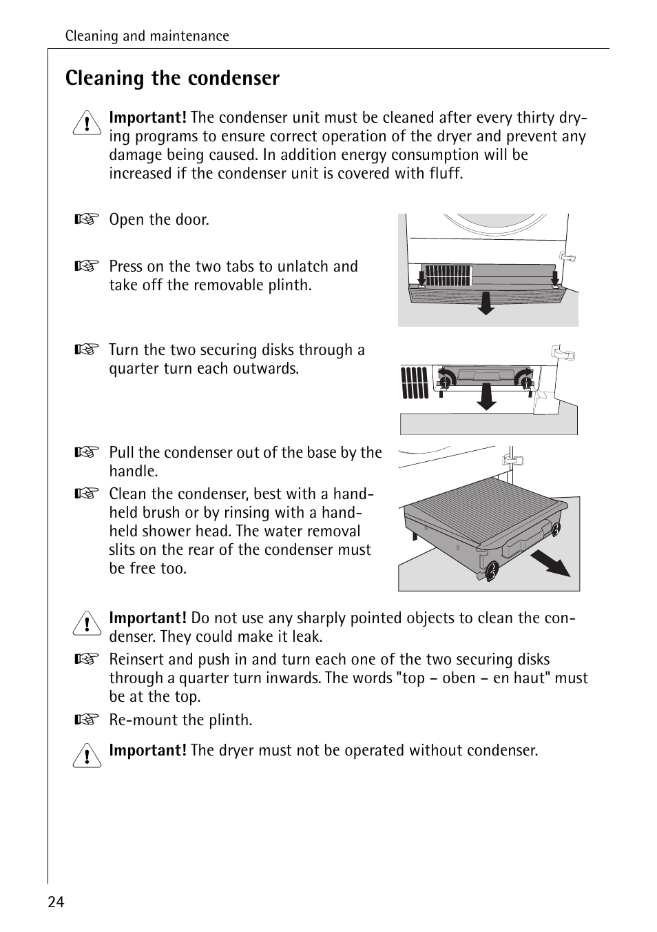 Cleaning the condenser | Electrolux LAVATHERM 56600 User Manual | Page 24 / 40