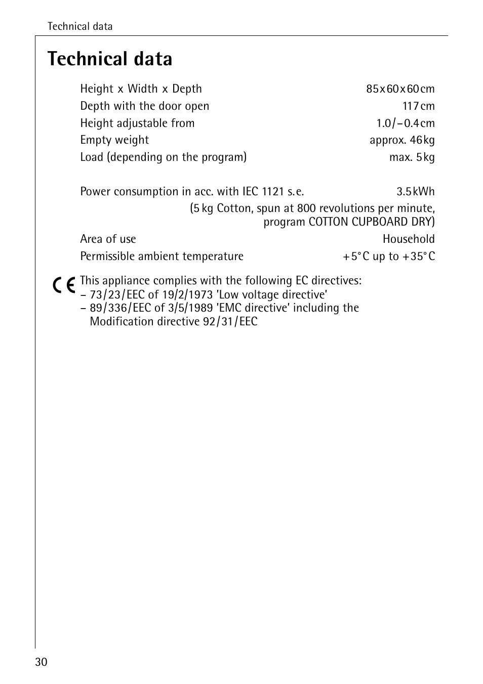 Technical data | Electrolux LAVATHERM 56600 User Manual | Page 30 / 40