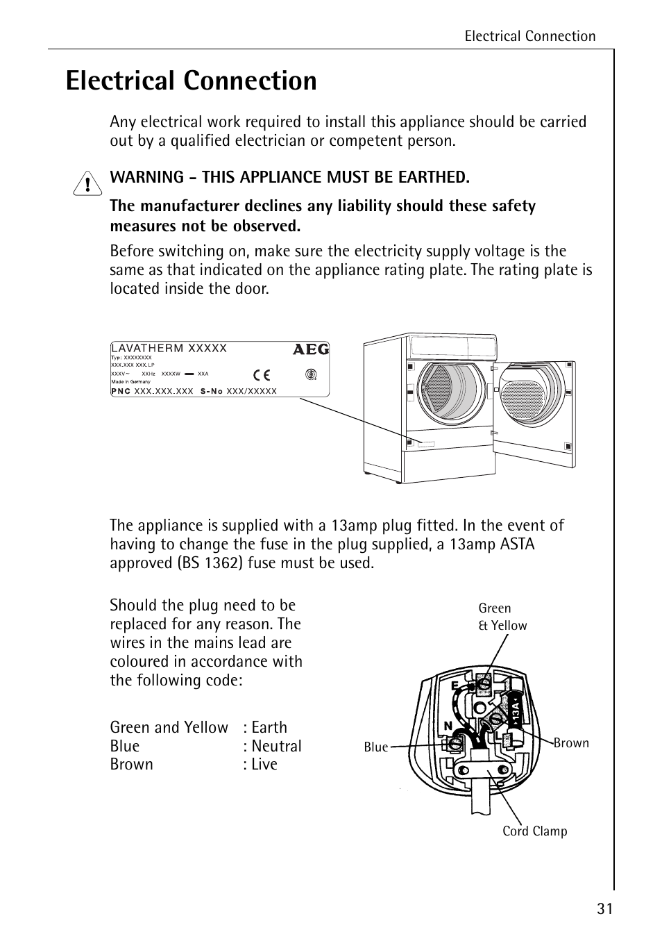 Electrical connection | Electrolux LAVATHERM 56600 User Manual | Page 31 / 40