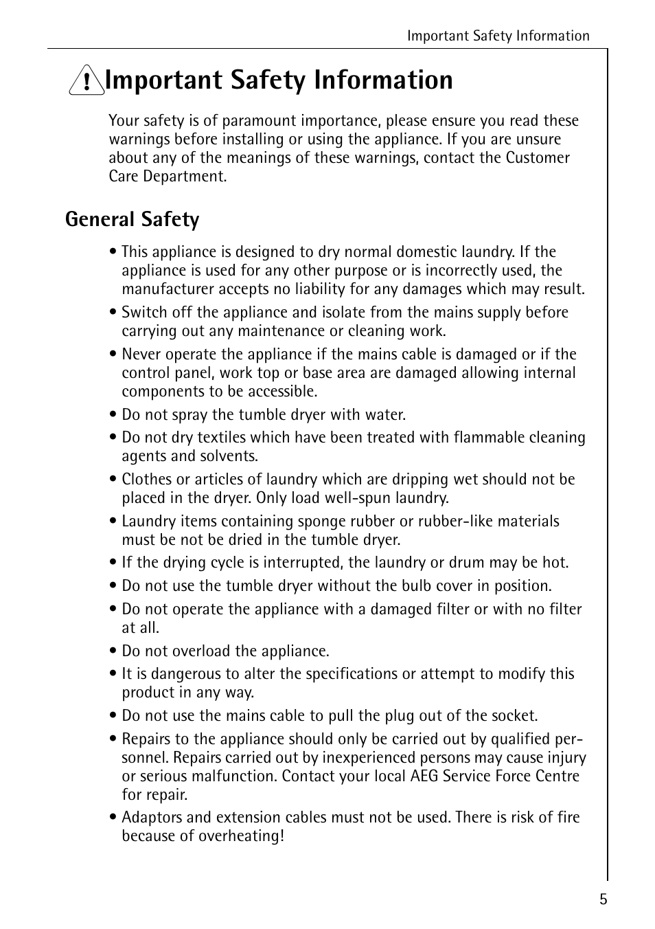 1 important safety information, General safety | Electrolux LAVATHERM 56600 User Manual | Page 5 / 40