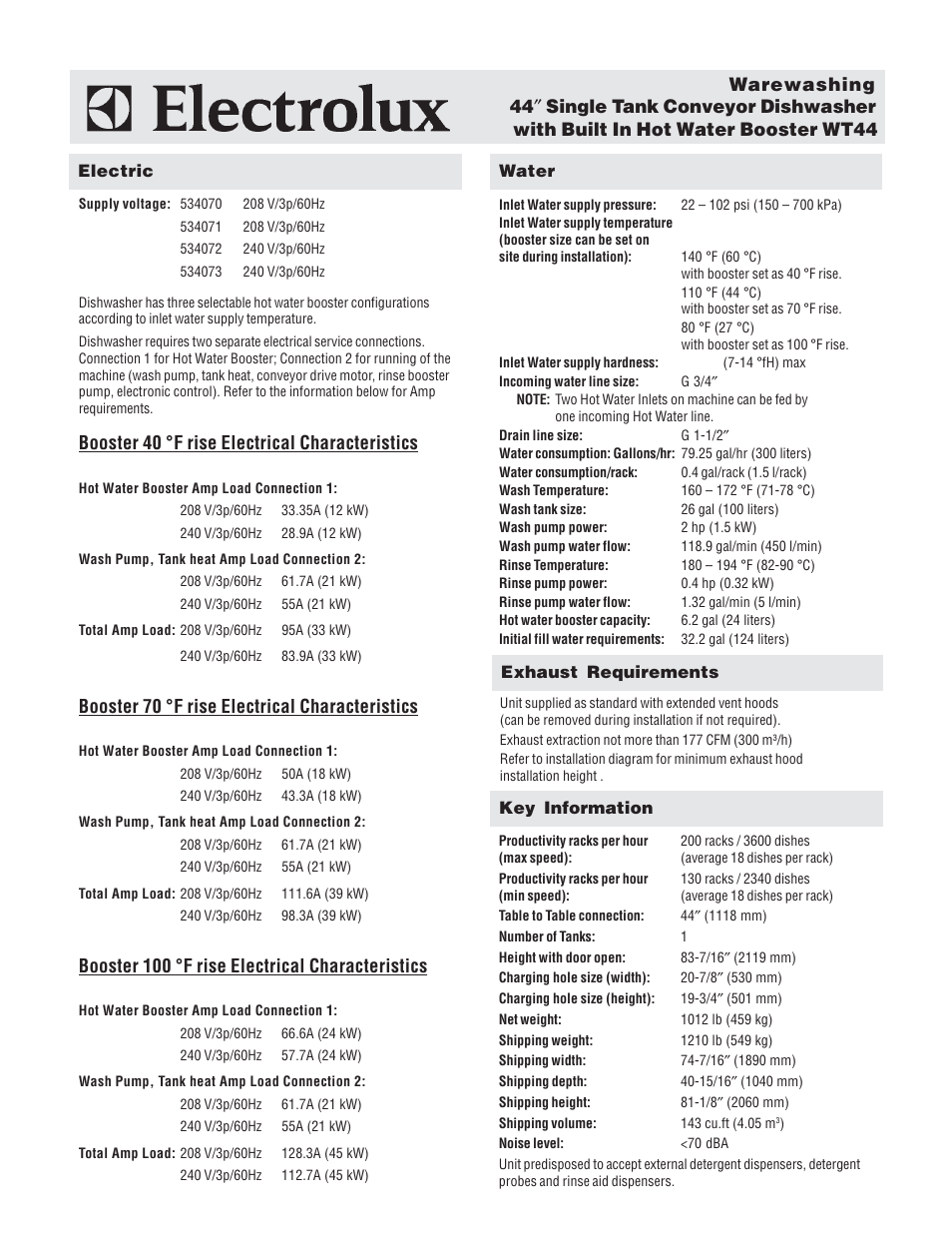 Booster 40 °f rise electrical characteristics, Booster 70 °f rise electrical characteristics, Booster 100 °f rise electrical characteristics | Electrolux 534070 User Manual | Page 2 / 4