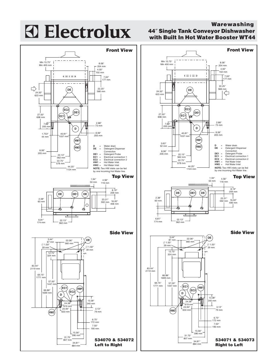 Front view top view, Front view top view side view, Side view | Electrolux 534070 User Manual | Page 3 / 4