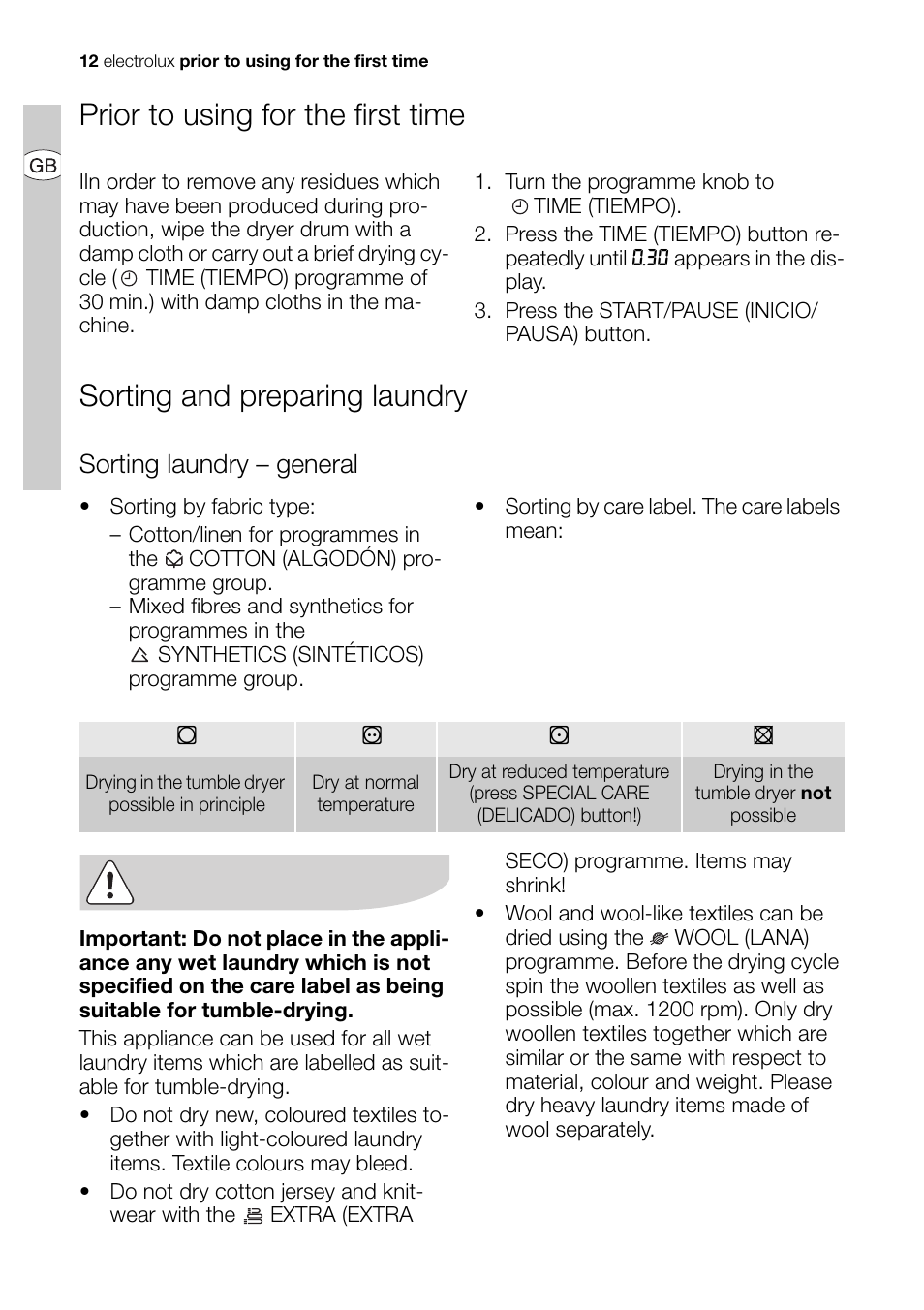 Prior to using for the first time, Sorting and preparing laundry, Sorting laundry – general | Electrolux EDI 96150 User Manual | Page 12 / 44