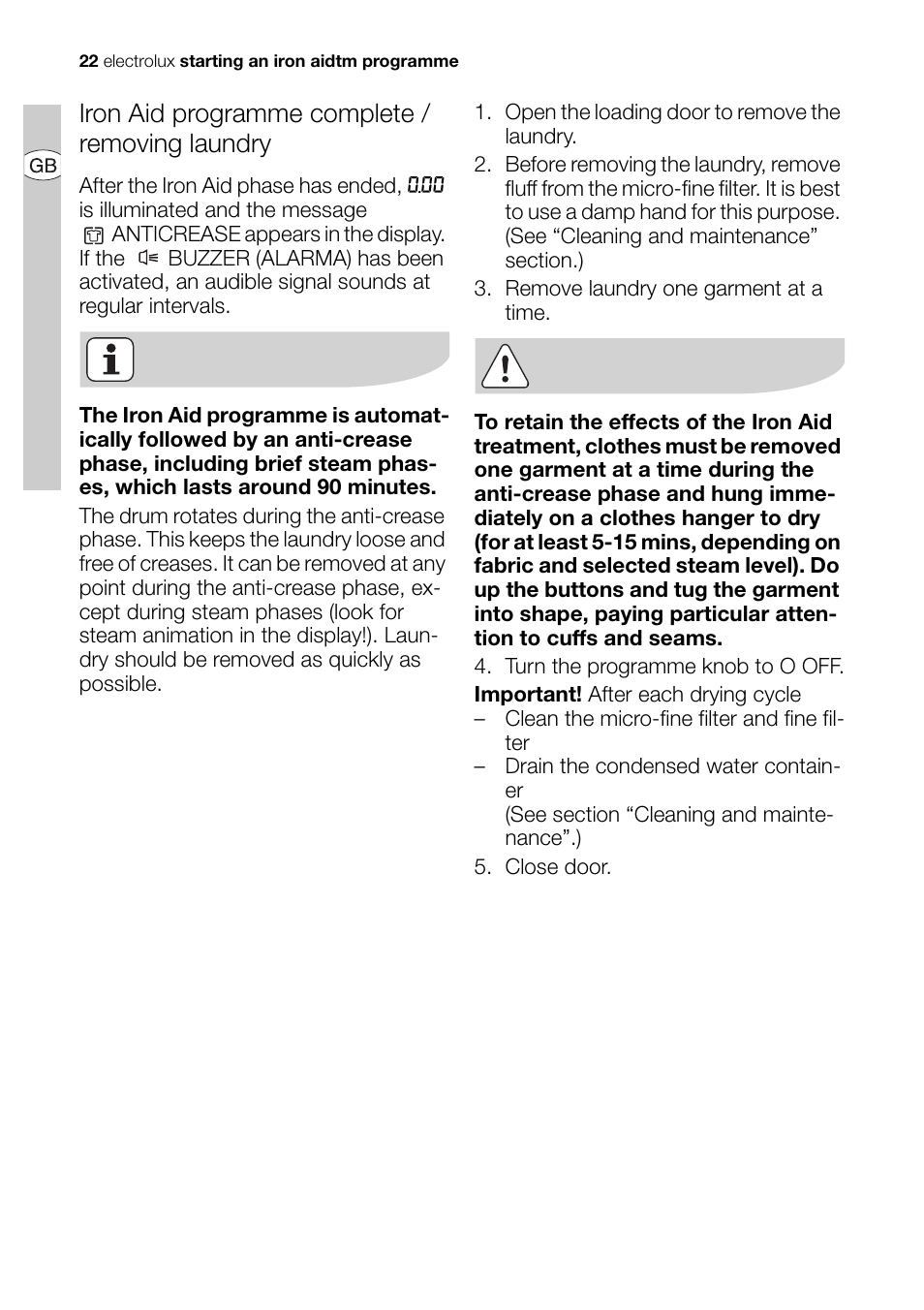 Iron aid programme complete / removing laundry | Electrolux EDI 96150 User Manual | Page 22 / 44