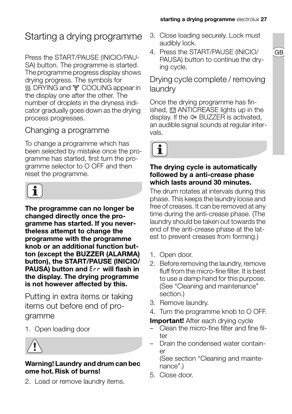Starting a drying programme, Changing a programme, Drying cycle complete / removing laundry | Electrolux EDI 96150 User Manual | Page 27 / 44