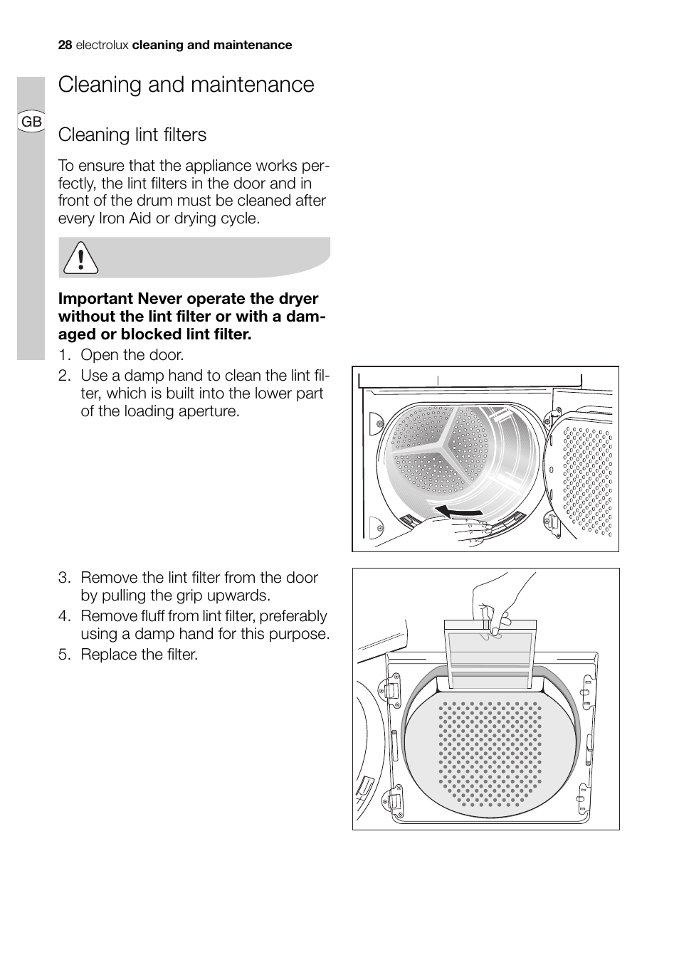Cleaning and maintenance, Cleaning lint filters | Electrolux EDI 96150 User Manual | Page 28 / 44