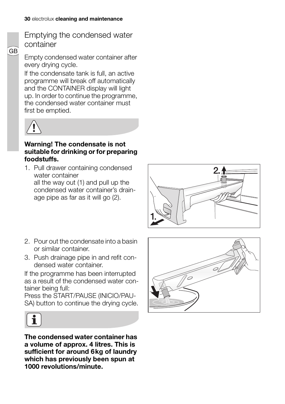 Emptying the condensed water container | Electrolux EDI 96150 User Manual | Page 30 / 44