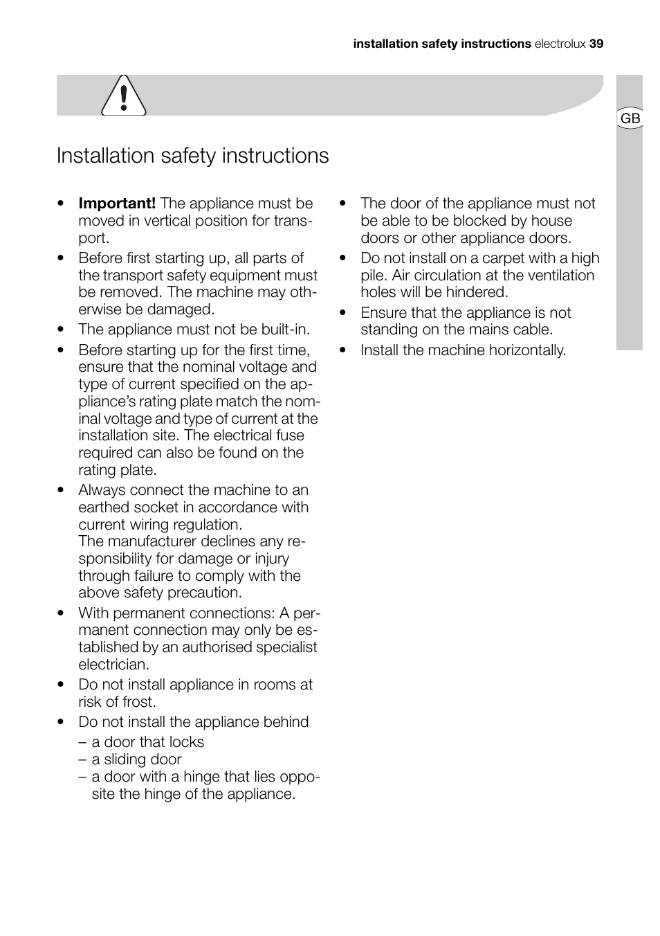 Installation safety instructions | Electrolux EDI 96150 User Manual | Page 39 / 44