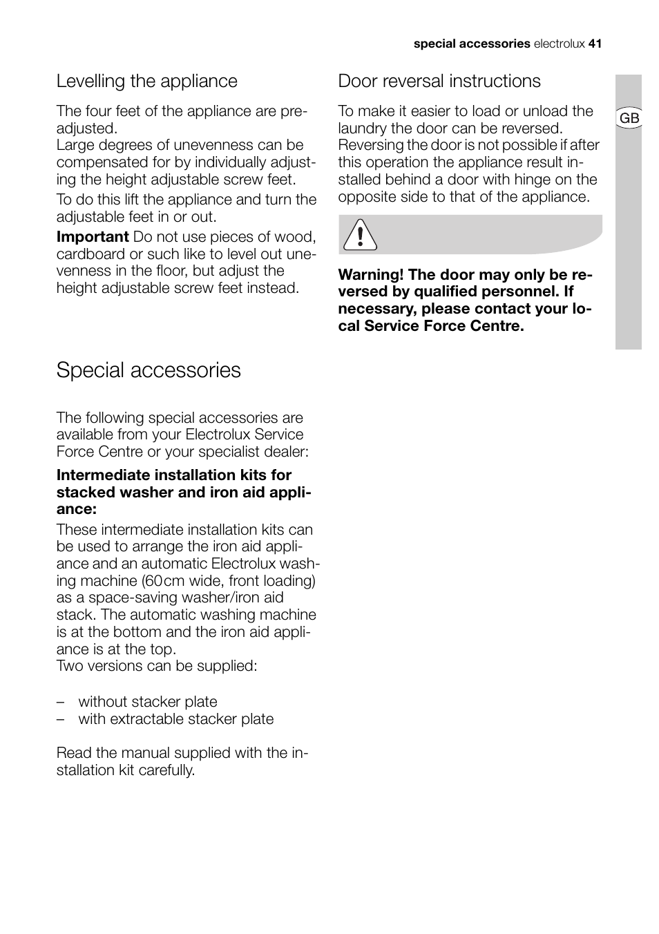 Special accessories, Levelling the appliance, Door reversal instructions | Electrolux EDI 96150 User Manual | Page 41 / 44