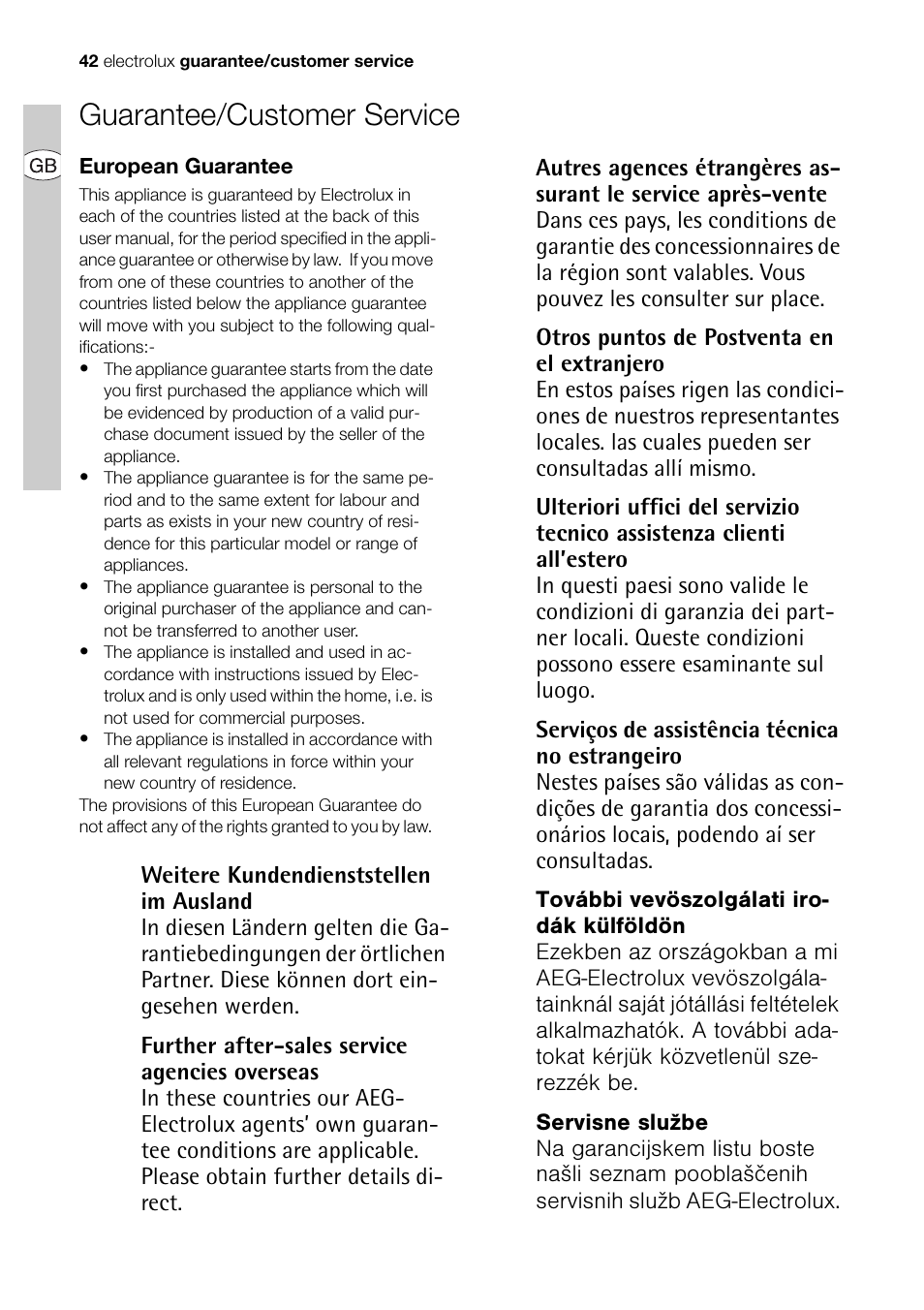 Guarantee/customer service | Electrolux EDI 96150 User Manual | Page 42 / 44