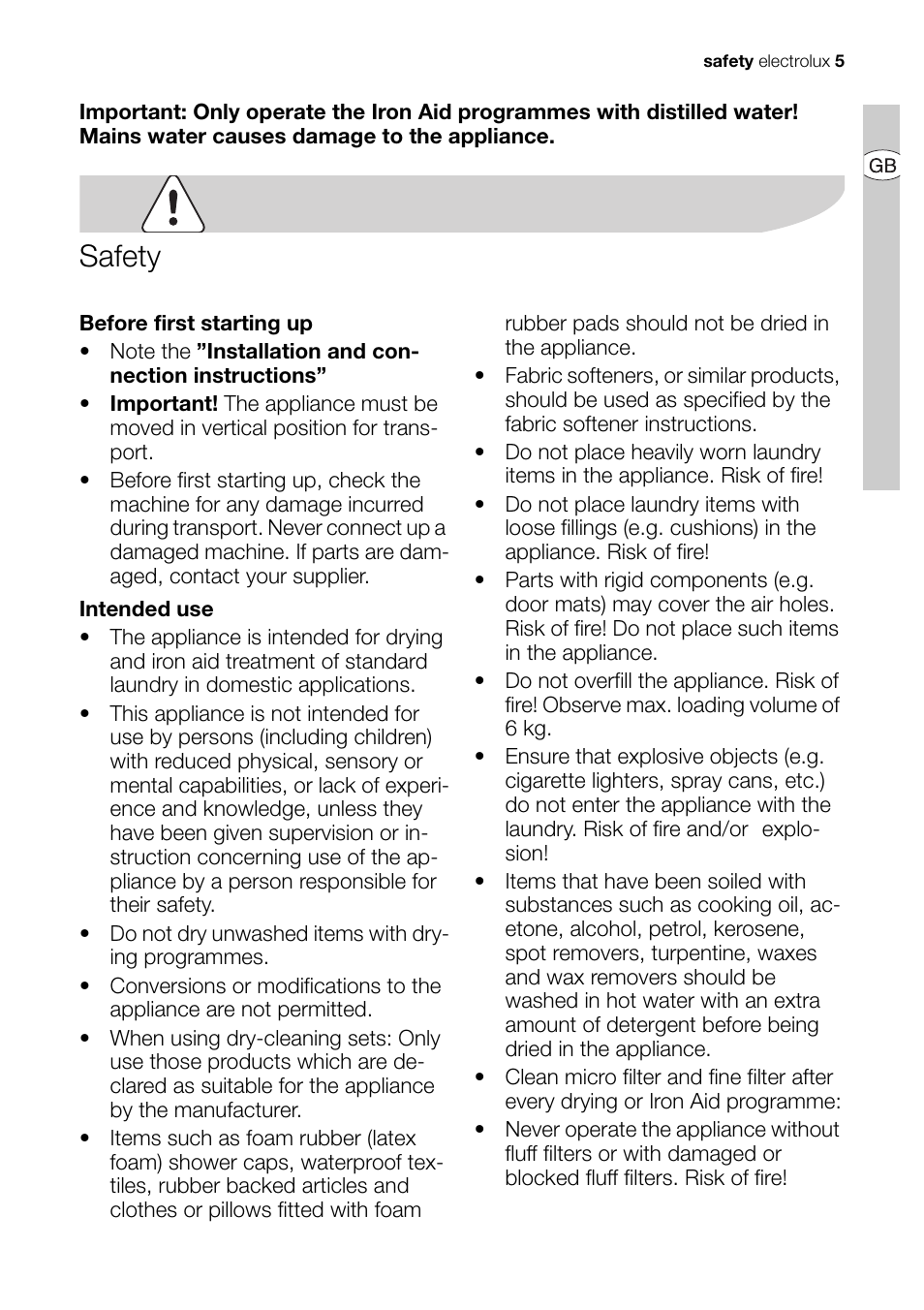 Safety | Electrolux EDI 96150 User Manual | Page 5 / 44