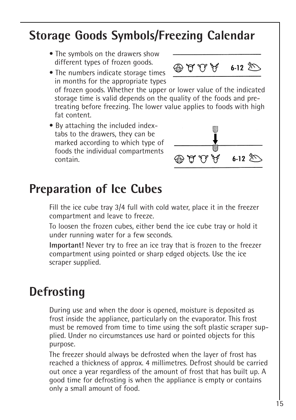 Storage goods symbols/freezing calendar, Preparation of ice cubes, Defrosting | Electrolux 1050-4 GS User Manual | Page 15 / 28