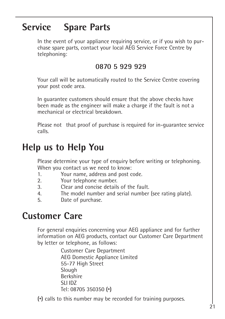 Service & spare parts, Help us to help you, Customer care | Electrolux 1050-4 GS User Manual | Page 21 / 28