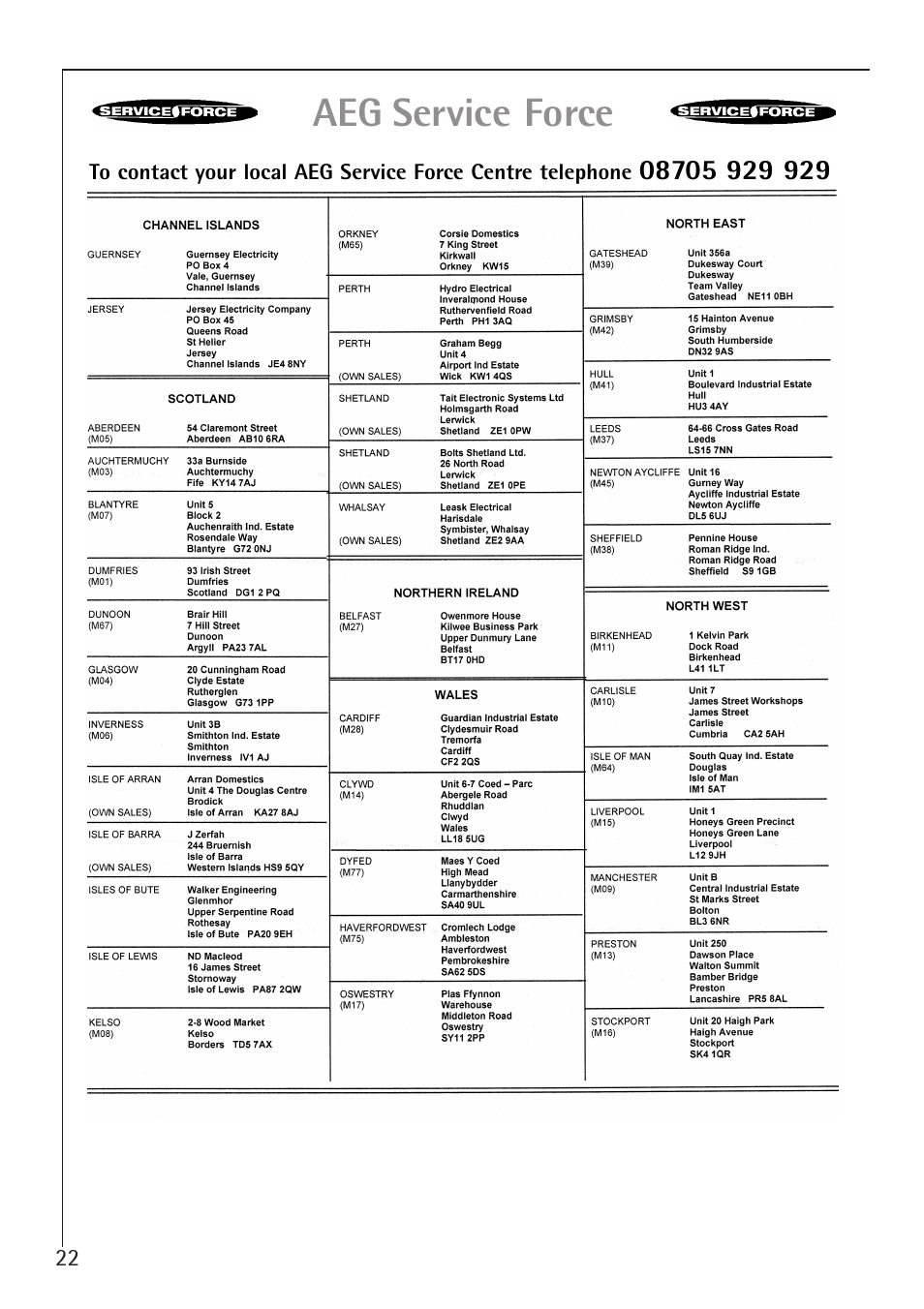 Aeg service force | Electrolux 1050-4 GS User Manual | Page 22 / 28