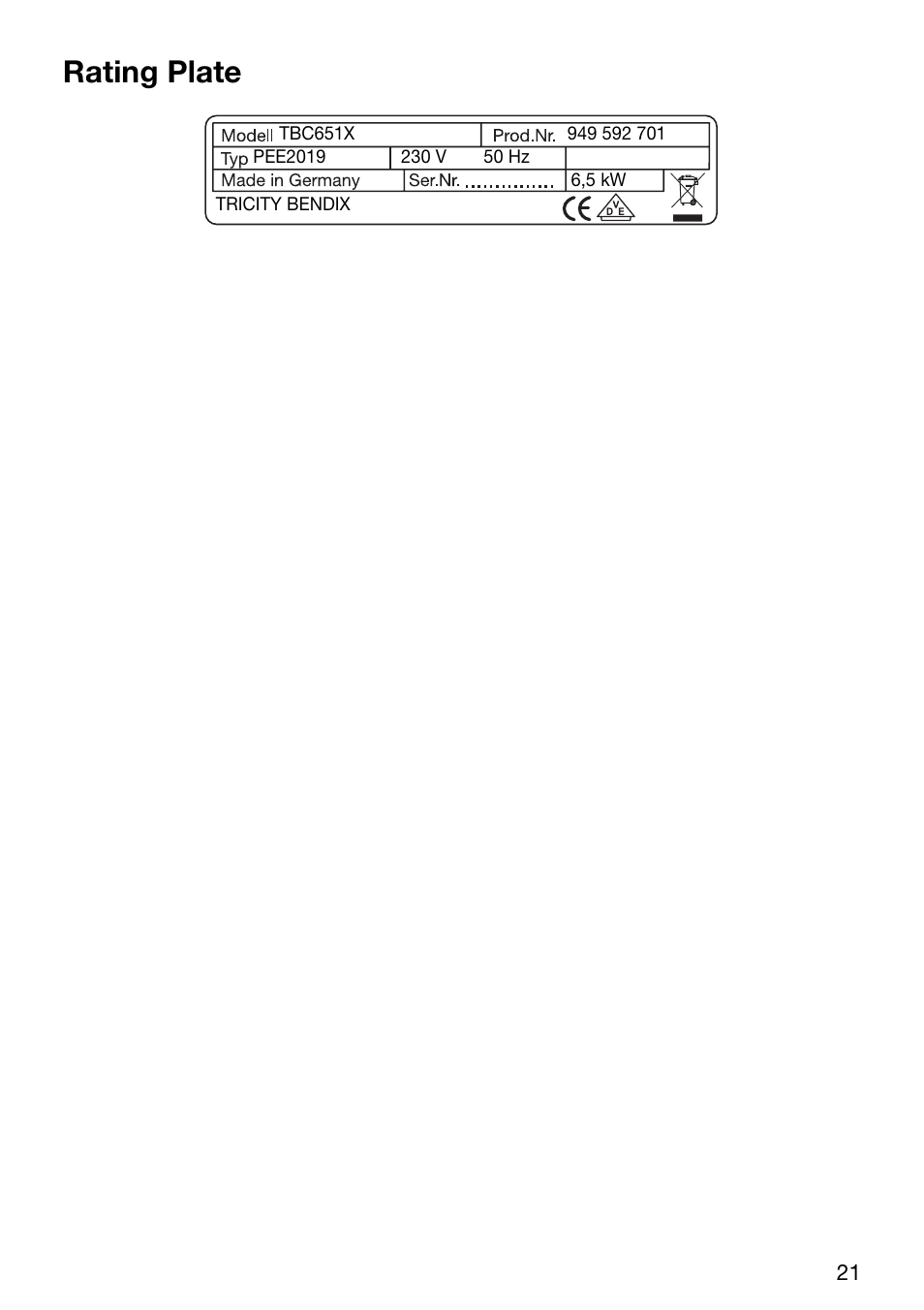 Rating plate | Electrolux TBC 651 X User Manual | Page 21 / 24