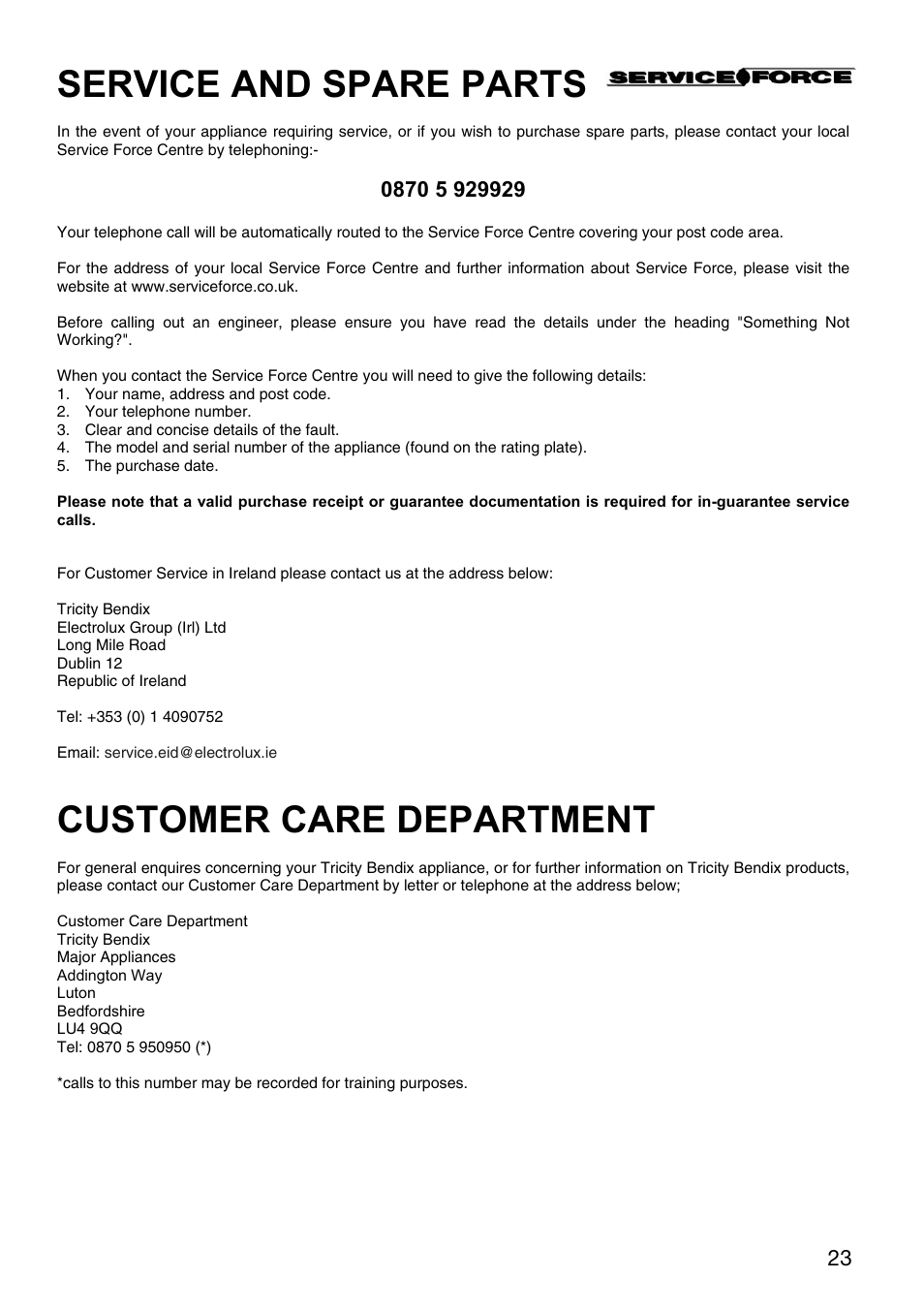 Service and spare parts, Customer care department | Electrolux TBC 651 X User Manual | Page 23 / 24