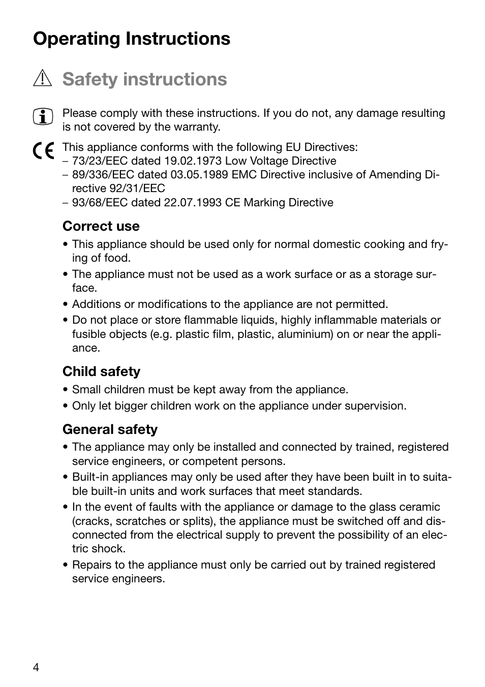 Operating instructions, Safety instructions | Electrolux TBC 651 X User Manual | Page 4 / 24