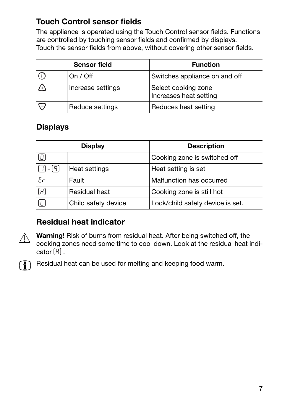 Touch control sensor fields, Displays residual heat indicator | Electrolux TBC 651 X User Manual | Page 7 / 24