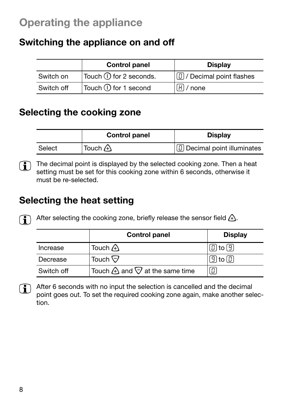 Operating the appliance, Selecting the heat setting | Electrolux TBC 651 X User Manual | Page 8 / 24