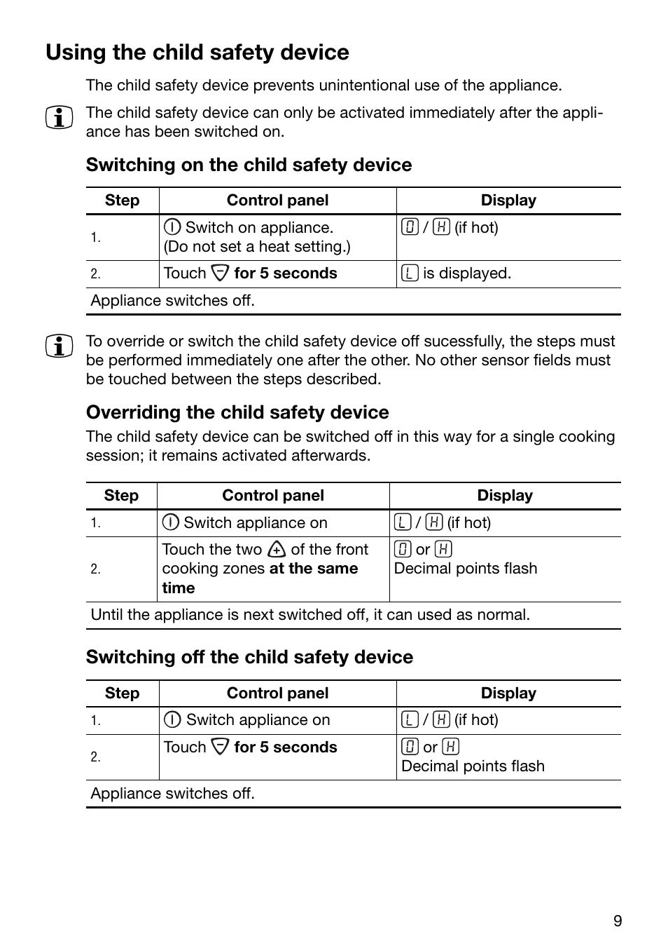 Using the child safety device, Switching on the child safety device, Overriding the child safety device | Switching off the child safety device | Electrolux TBC 651 X User Manual | Page 9 / 24