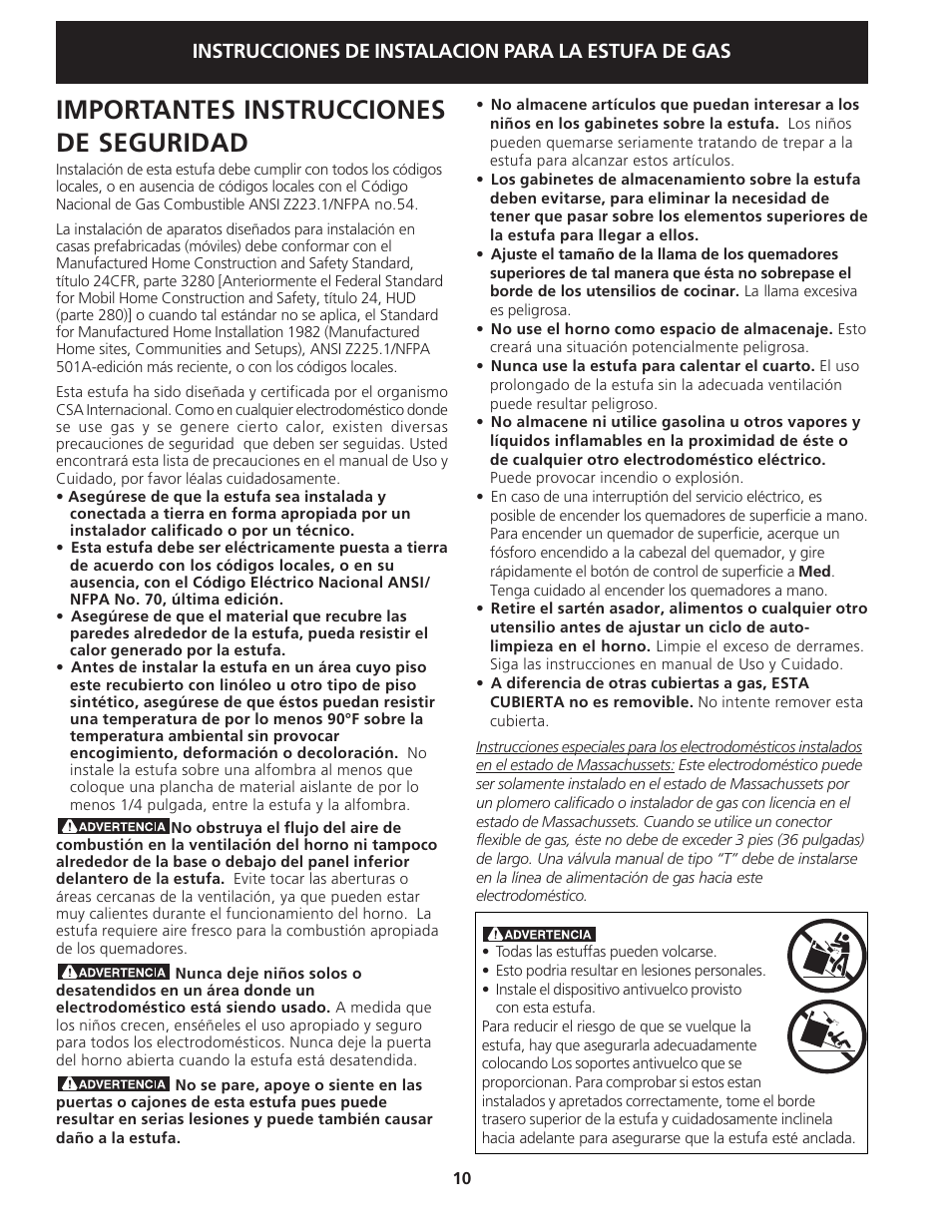 Importantes instrucciones de seguridad, Instrucciones de instalacion para la estufa de gas | Electrolux 318201778 User Manual | Page 10 / 20