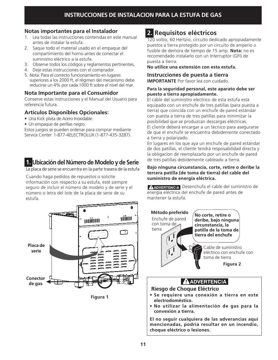 Ubicación del número de modelo y de serie, Requisitos eléctricos, Instrucciones de instalacion para la estufa de gas | Electrolux 318201778 User Manual | Page 11 / 20