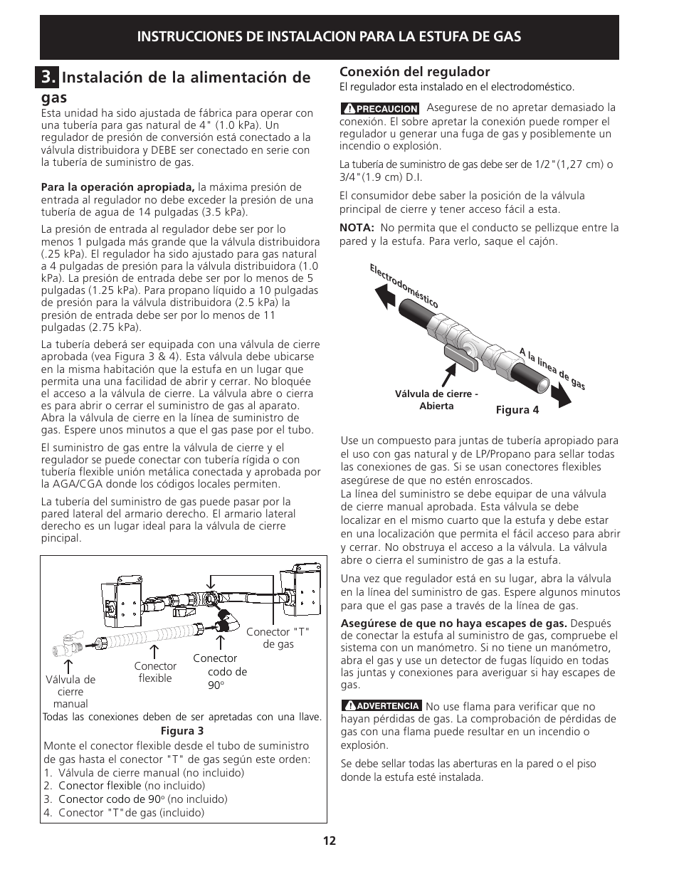 Instalación de la alimentación de gas, Instrucciones de instalacion para la estufa de gas | Electrolux 318201778 User Manual | Page 12 / 20