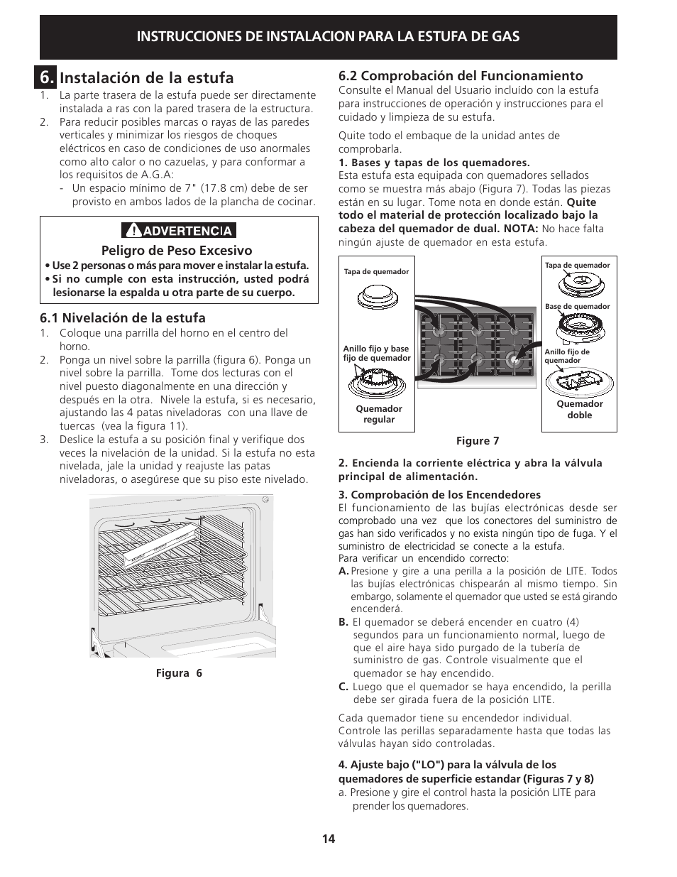 Instalación de la estufa, Instrucciones de instalacion para la estufa de gas | Electrolux 318201778 User Manual | Page 14 / 20