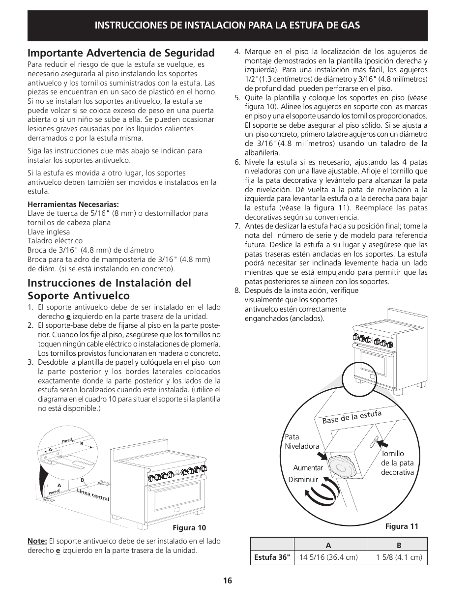 Importante advertencia de seguridad, Instrucciones de instalacion para la estufa de gas | Electrolux 318201778 User Manual | Page 16 / 20