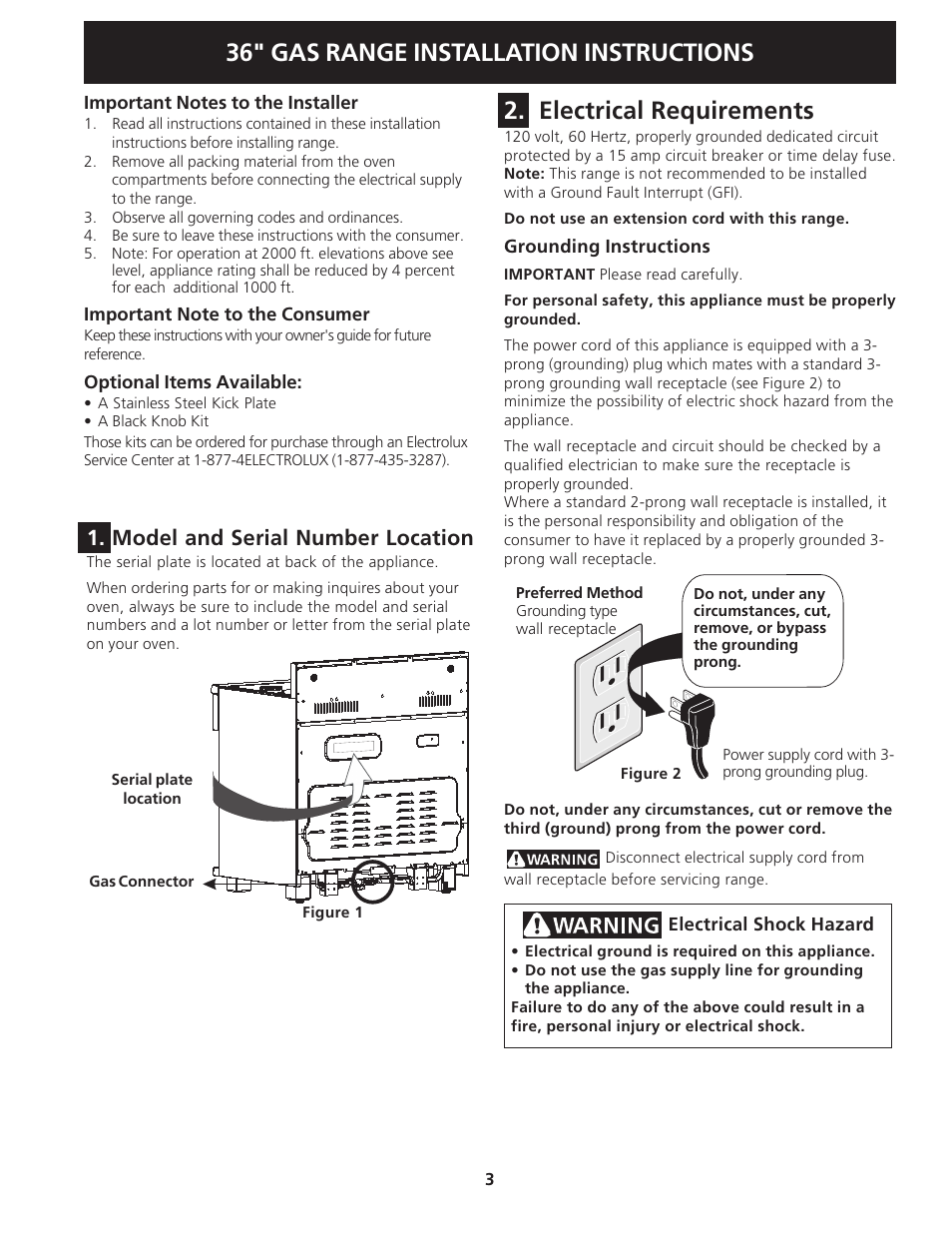 36" gas range installation instructions, Electrical requirements, Model and serial number location | Electrolux 318201778 User Manual | Page 3 / 20