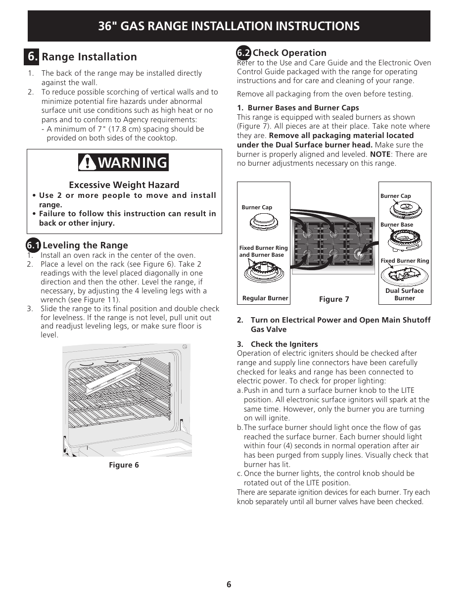 36" gas range installation instructions, Range installation | Electrolux 318201778 User Manual | Page 6 / 20