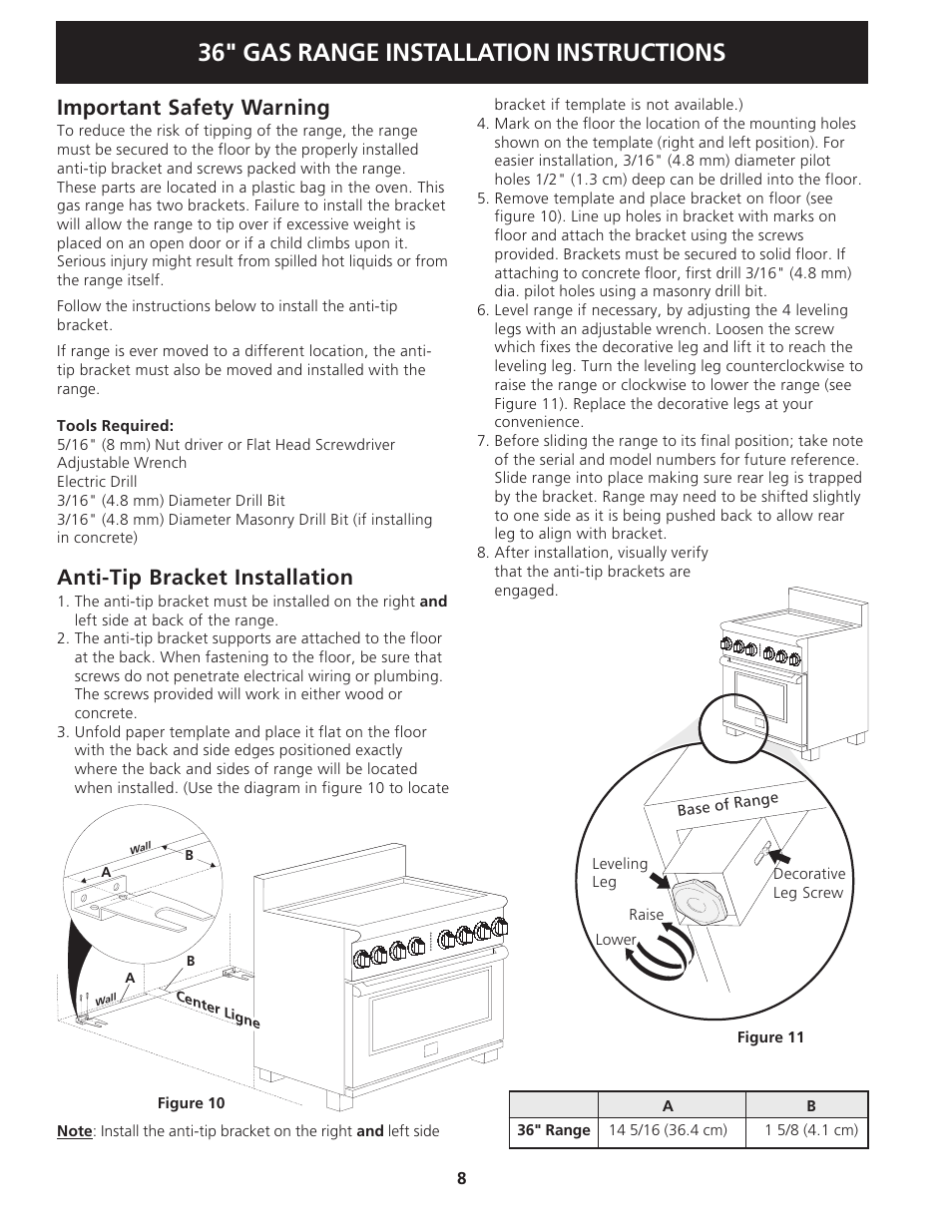 36" gas range installation instructions, Important safety warning, Anti-tip bracket installation | Electrolux 318201778 User Manual | Page 8 / 20