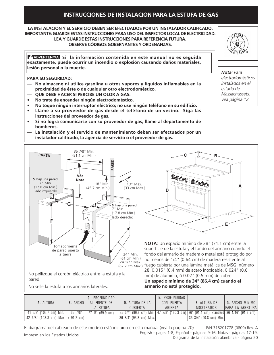 Instrucciones de instalacion para la estufa de gas | Electrolux 318201778 User Manual | Page 9 / 20