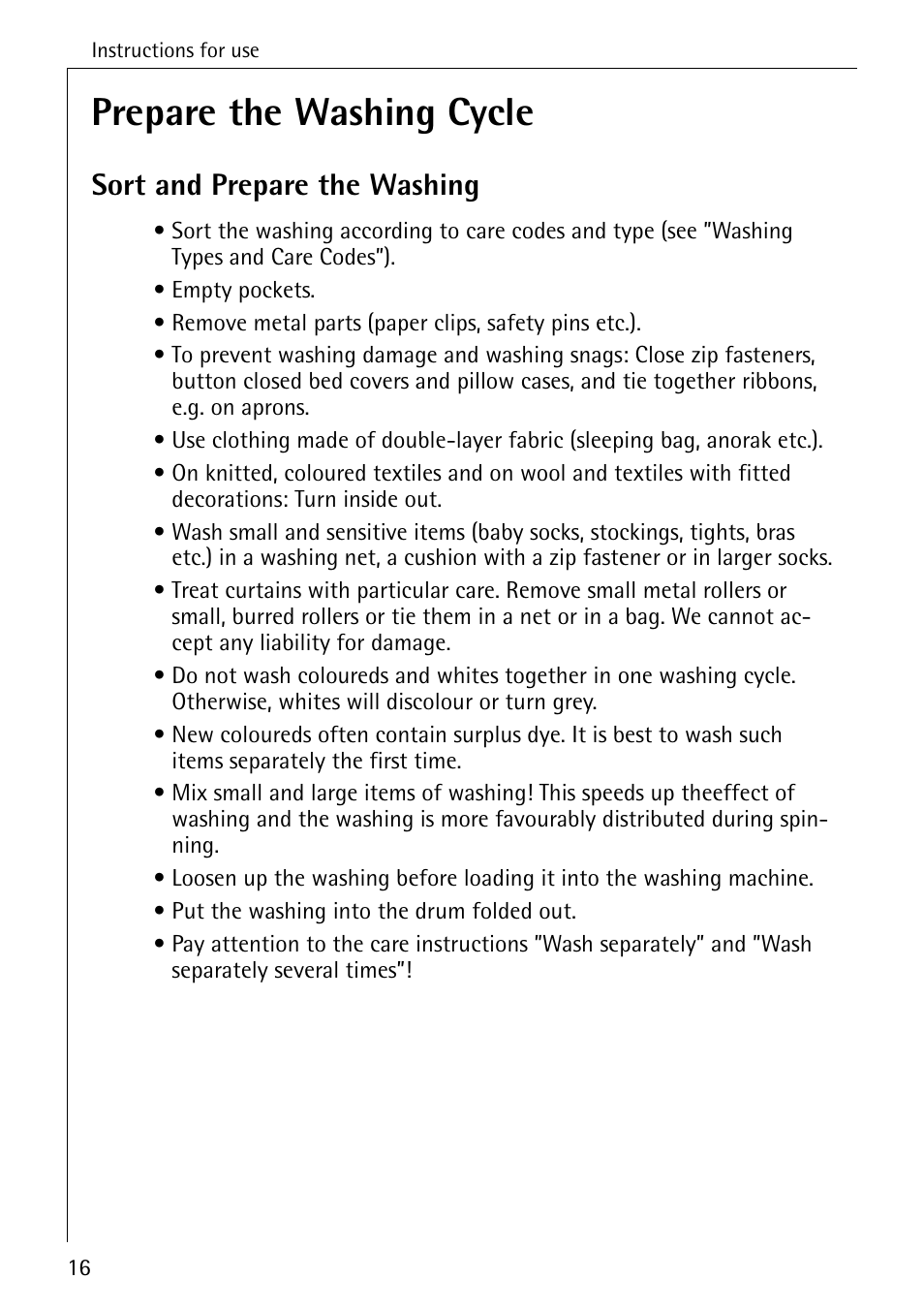 Prepare the washing cycle, Sort and prepare the washing | Electrolux LAVAMAT SOUPLESSE 14 User Manual | Page 16 / 56