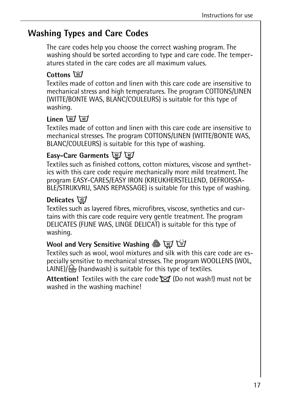 Washing types and care codes | Electrolux LAVAMAT SOUPLESSE 14 User Manual | Page 17 / 56