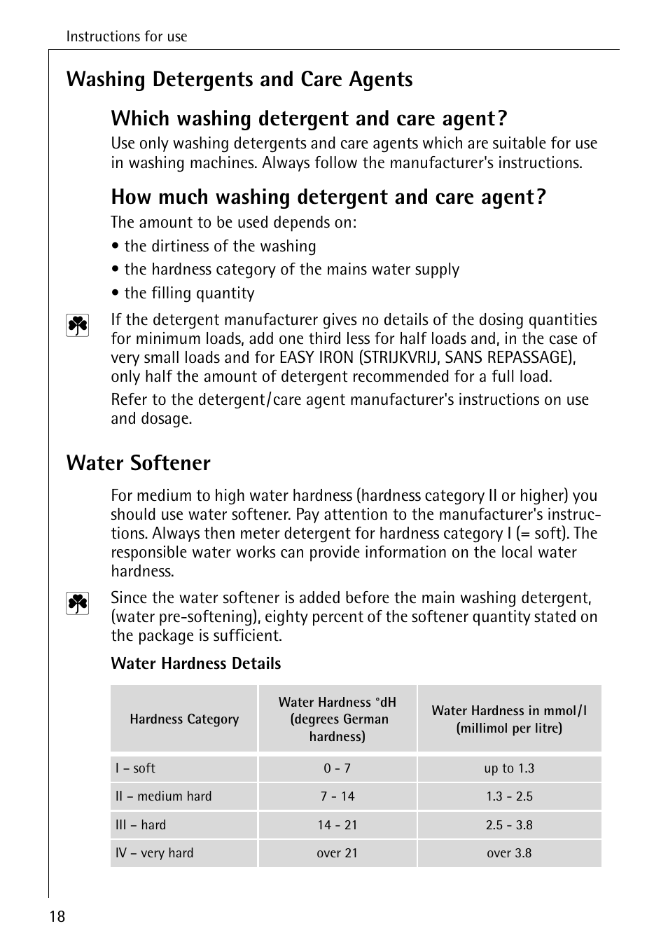 How much washing detergent and care agent, Water softener | Electrolux LAVAMAT SOUPLESSE 14 User Manual | Page 18 / 56