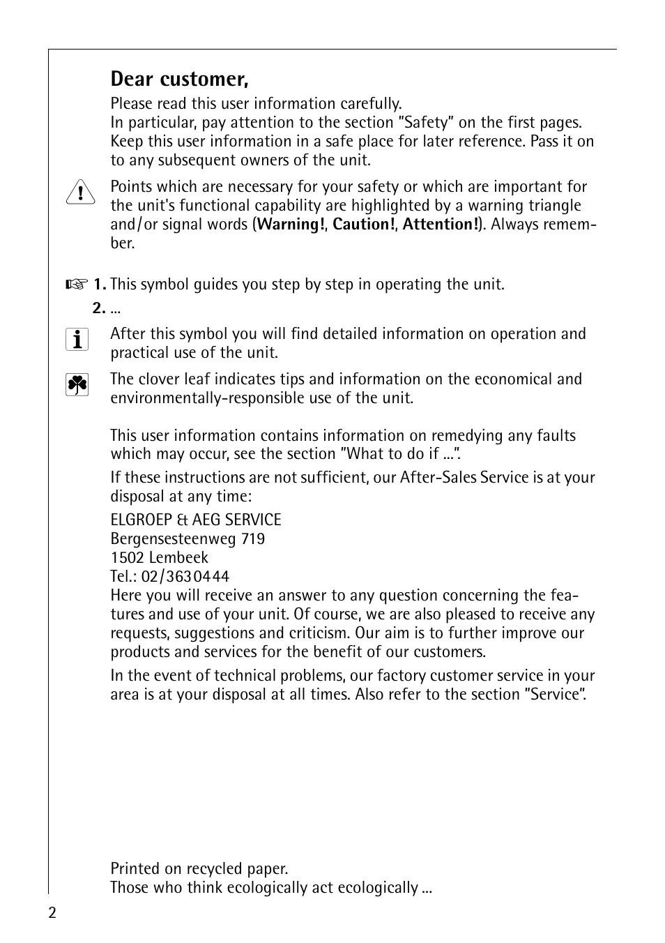 Dear customer | Electrolux LAVAMAT SOUPLESSE 14 User Manual | Page 2 / 56