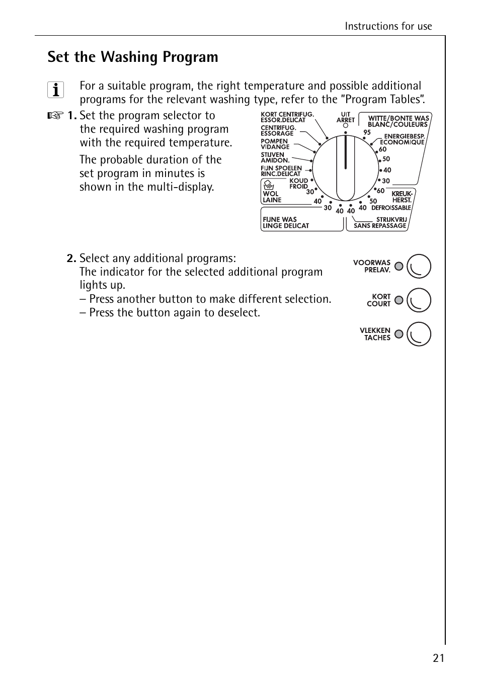 Set the washing program | Electrolux LAVAMAT SOUPLESSE 14 User Manual | Page 21 / 56