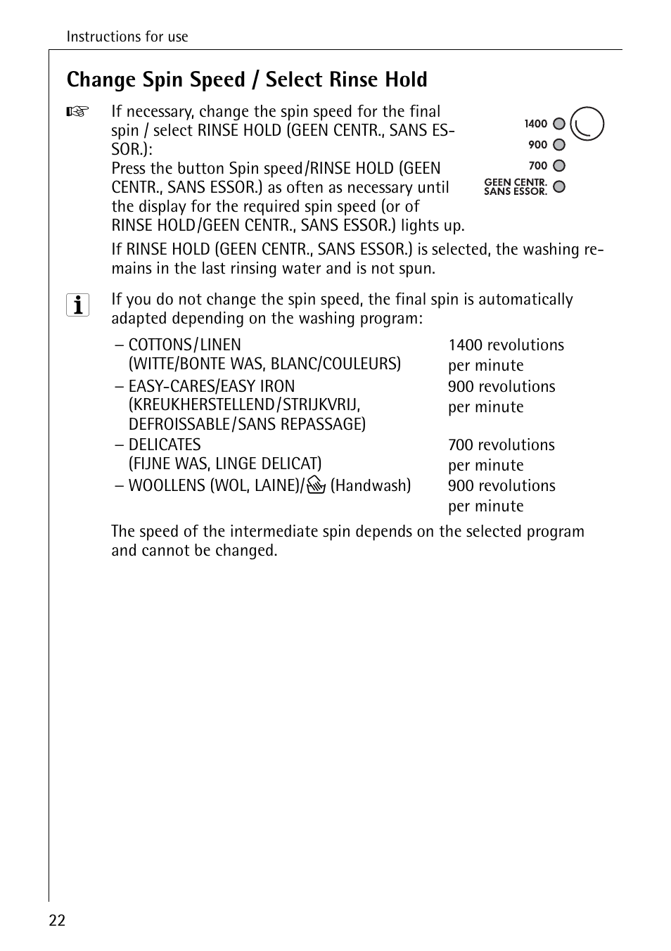 Change spin speed / select rinse hold | Electrolux LAVAMAT SOUPLESSE 14 User Manual | Page 22 / 56