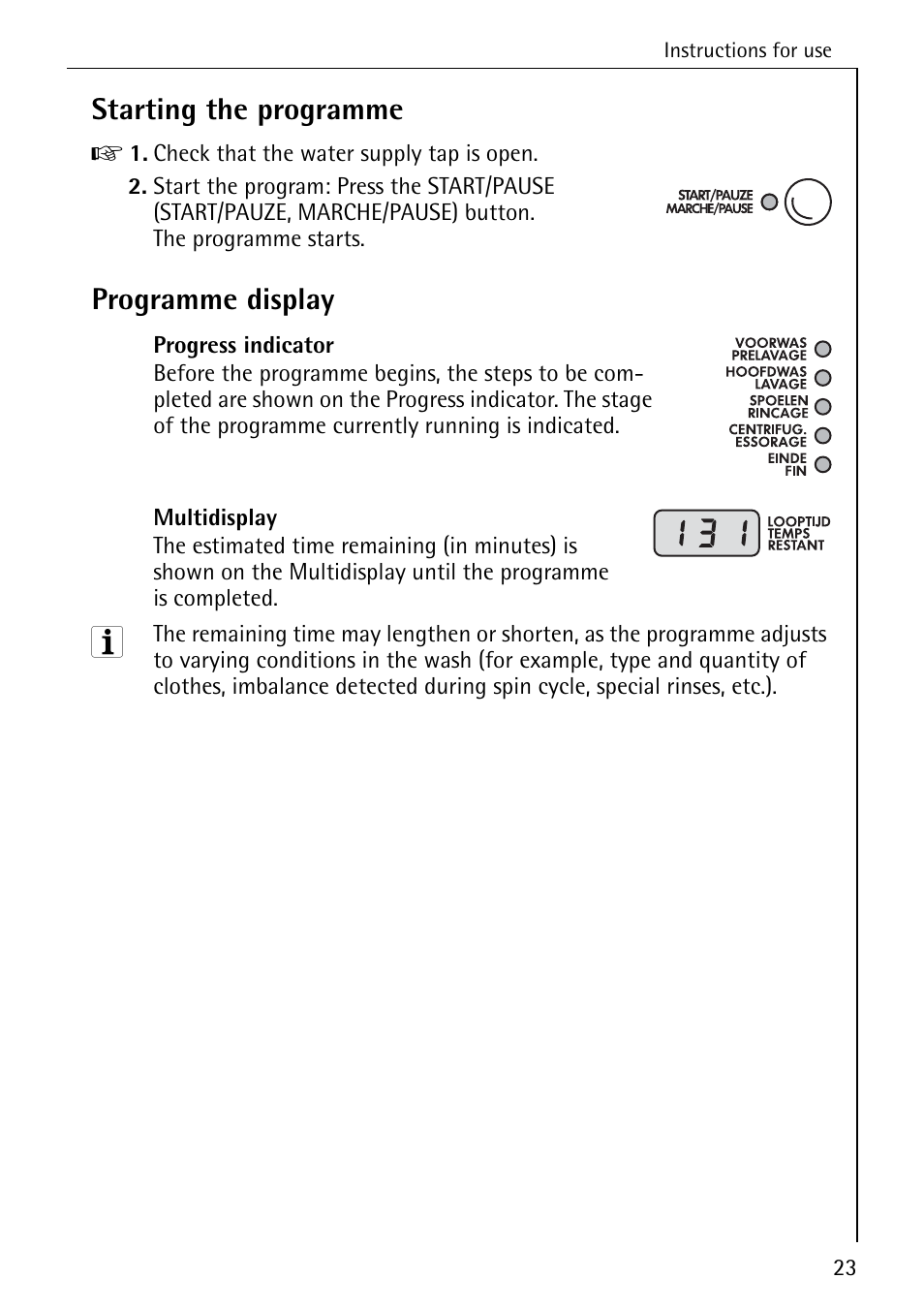 Starting the programme, Programme display | Electrolux LAVAMAT SOUPLESSE 14 User Manual | Page 23 / 56