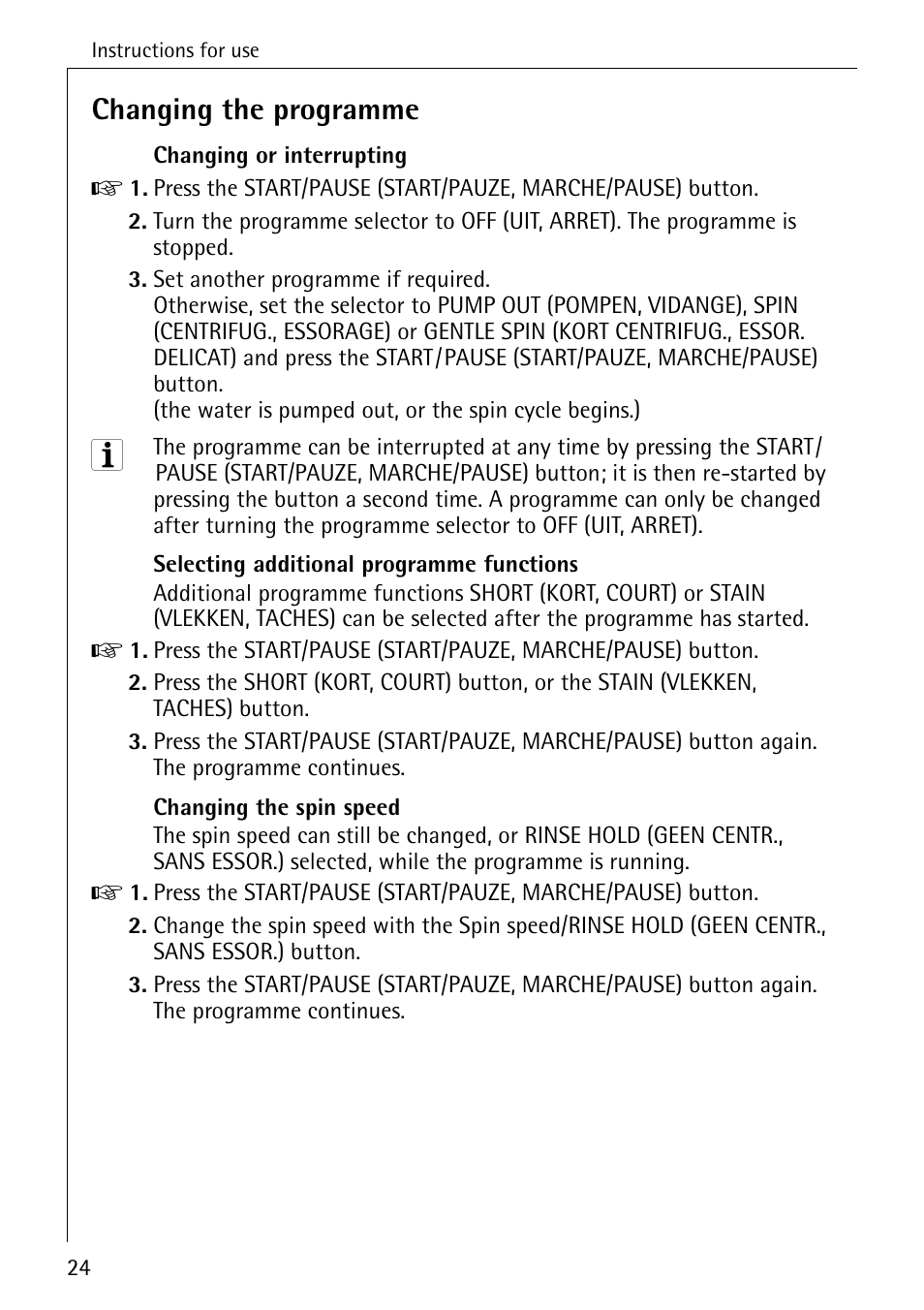 Changing the programme | Electrolux LAVAMAT SOUPLESSE 14 User Manual | Page 24 / 56