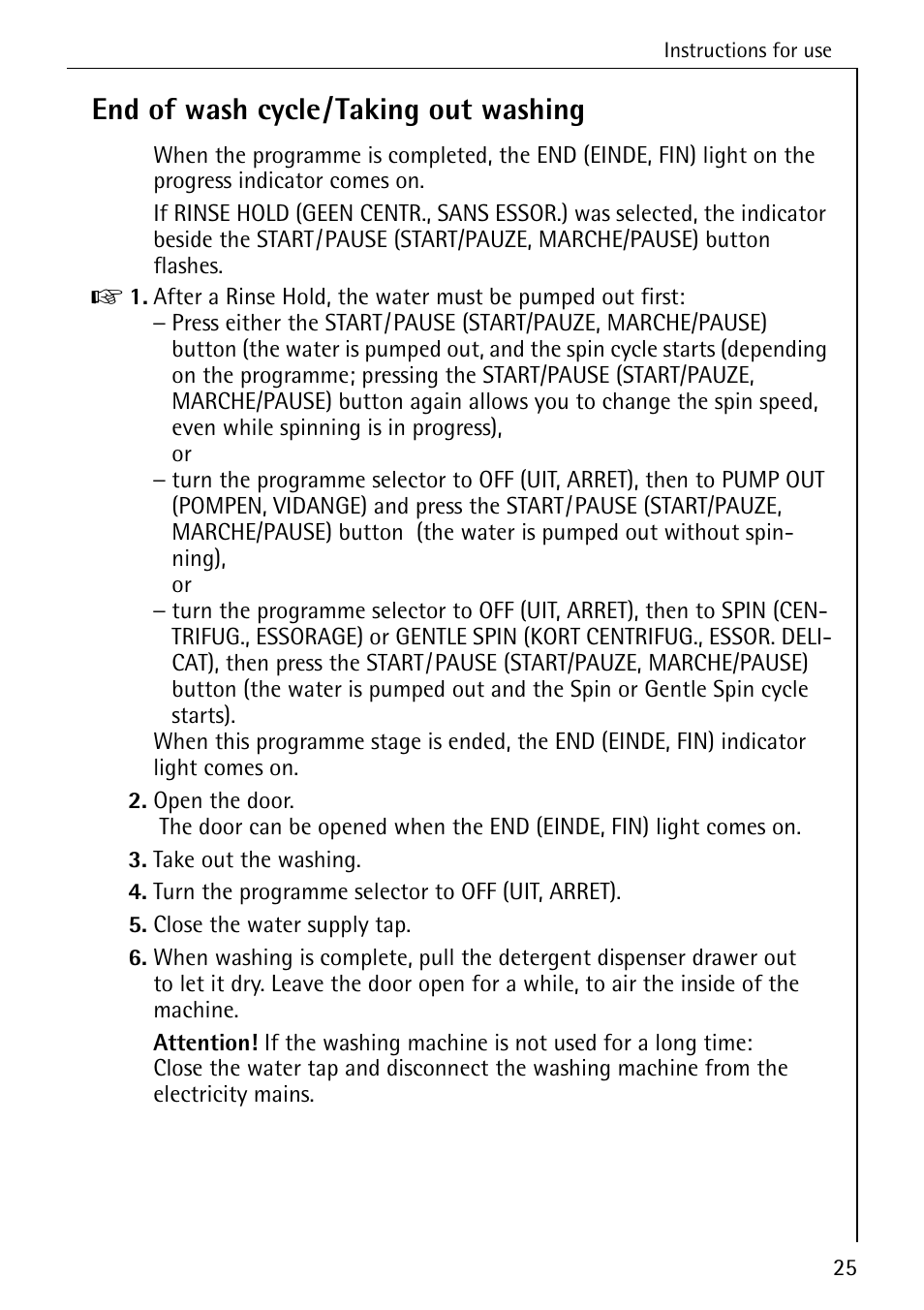 End of wash cycle/taking out washing | Electrolux LAVAMAT SOUPLESSE 14 User Manual | Page 25 / 56