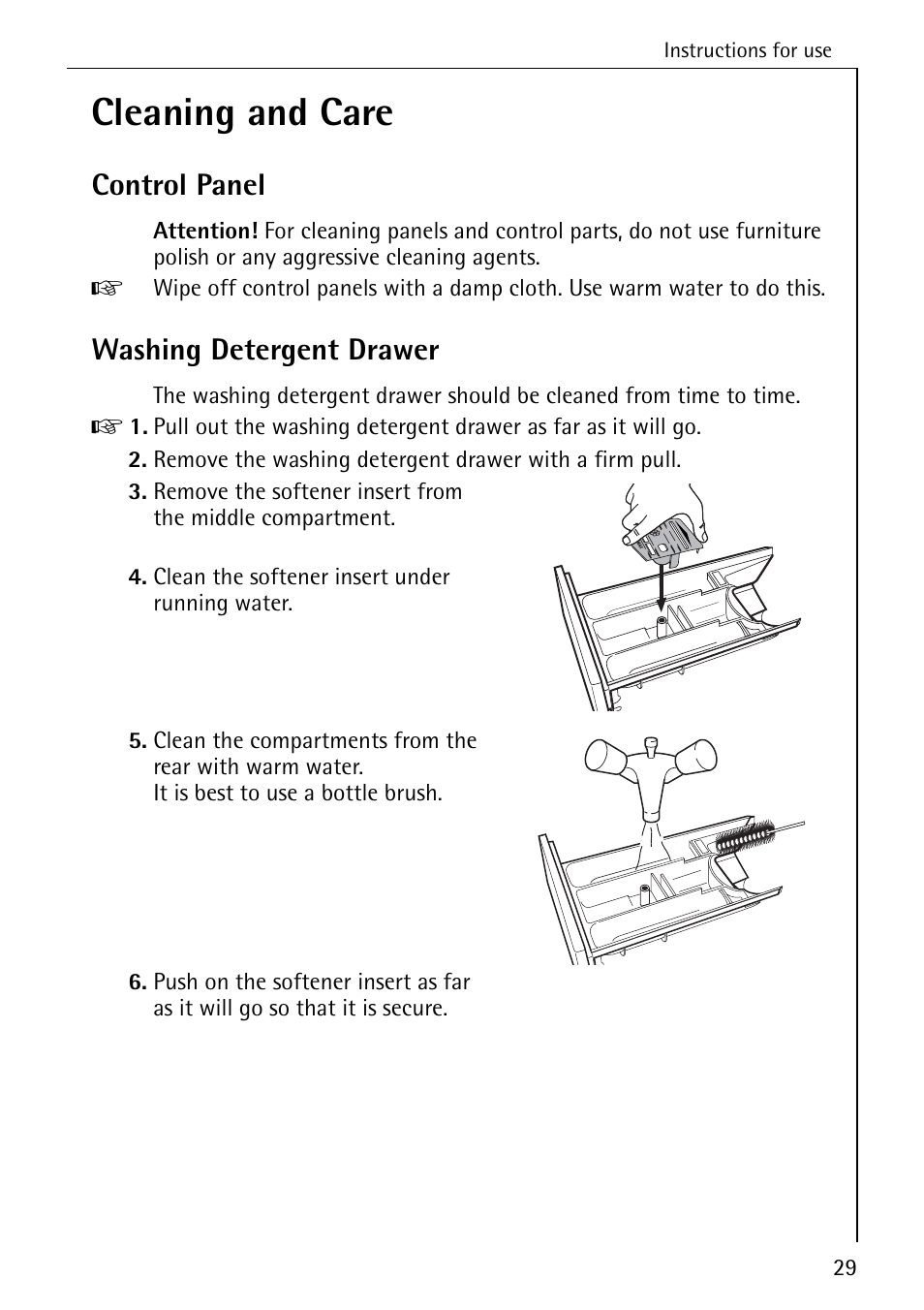 Cleaning and care, Control panel, Washing detergent drawer | Electrolux LAVAMAT SOUPLESSE 14 User Manual | Page 29 / 56