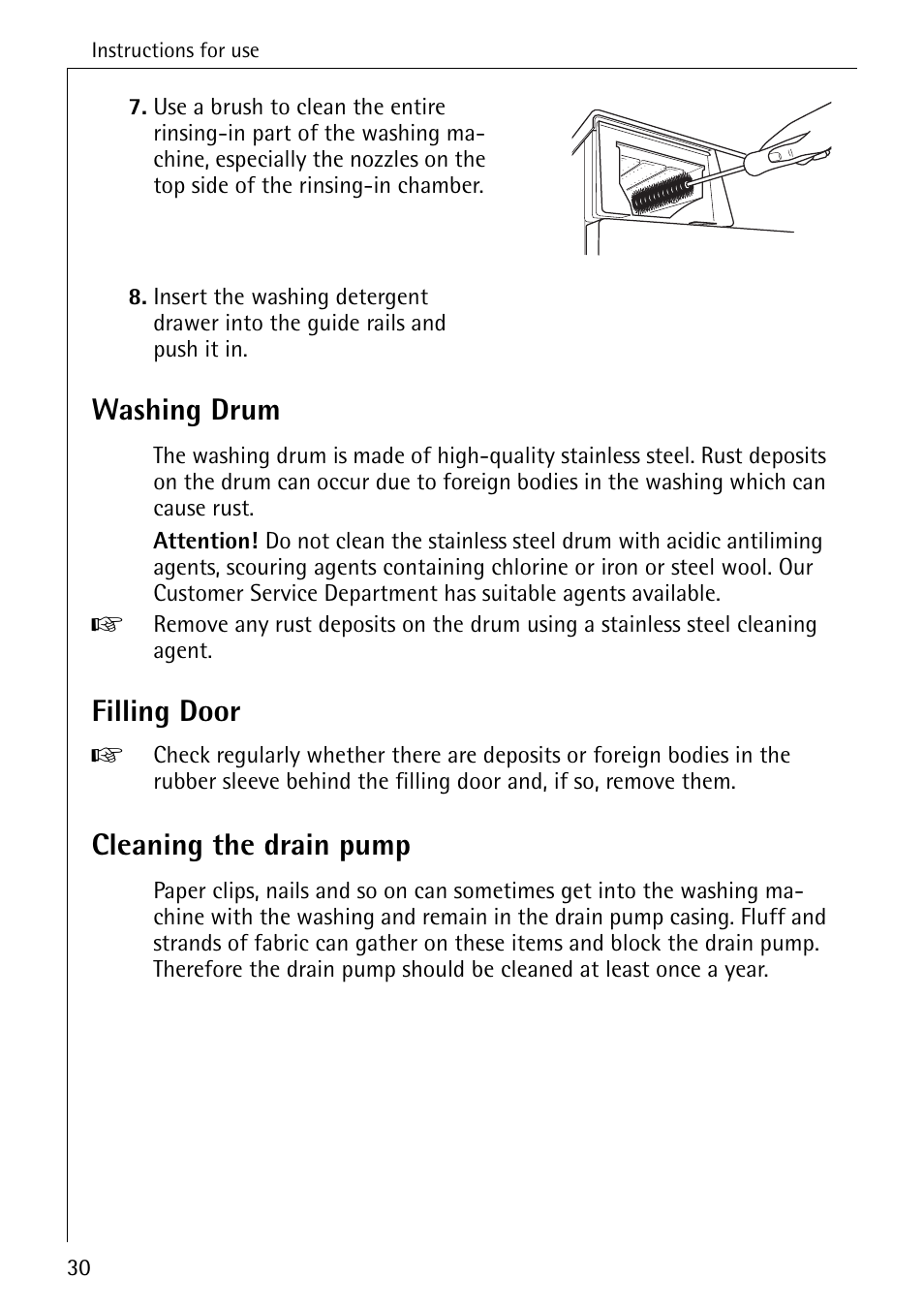 Washing drum, Filling door, Cleaning the drain pump | Electrolux LAVAMAT SOUPLESSE 14 User Manual | Page 30 / 56