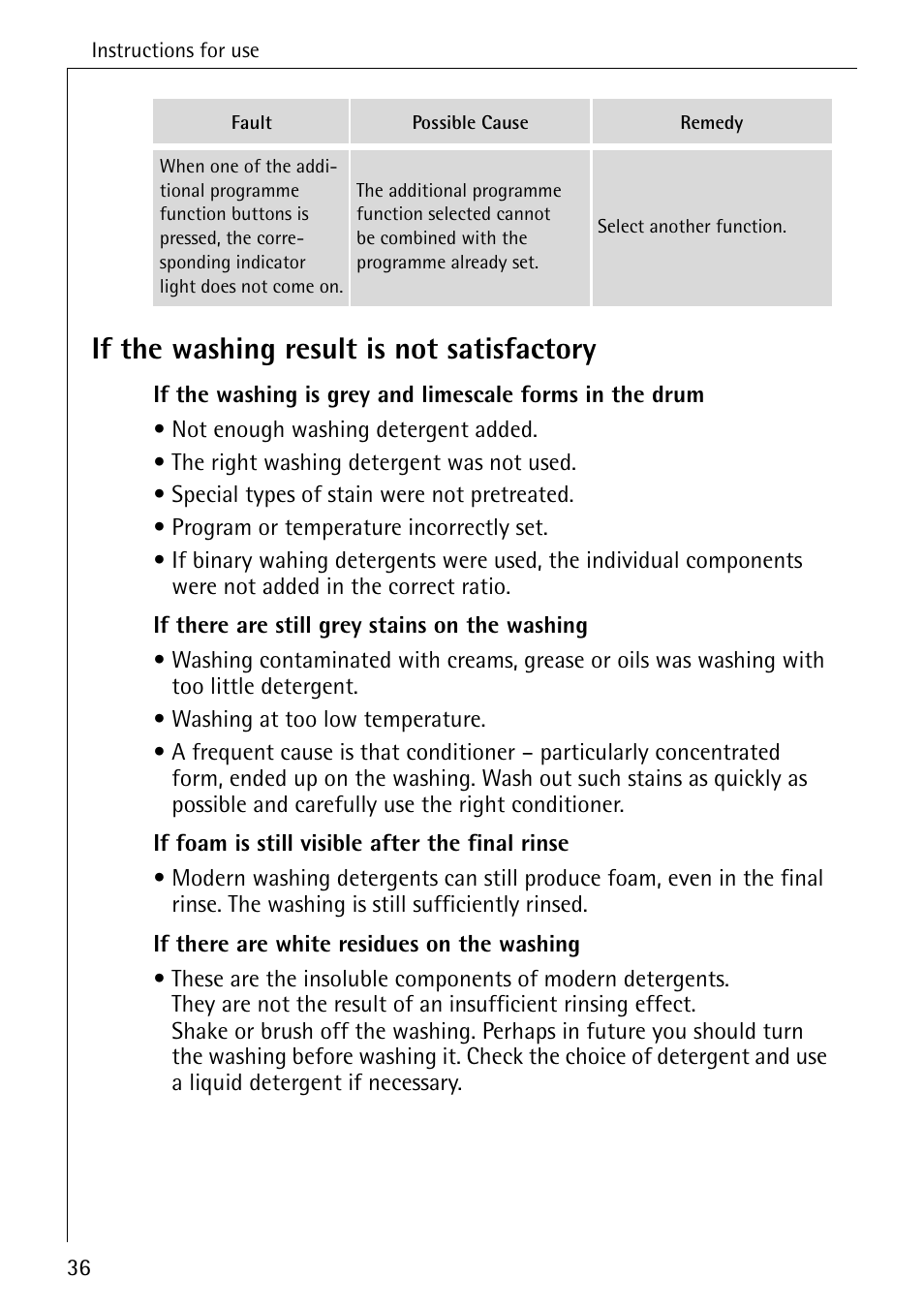 If the washing result is not satisfactory | Electrolux LAVAMAT SOUPLESSE 14 User Manual | Page 36 / 56