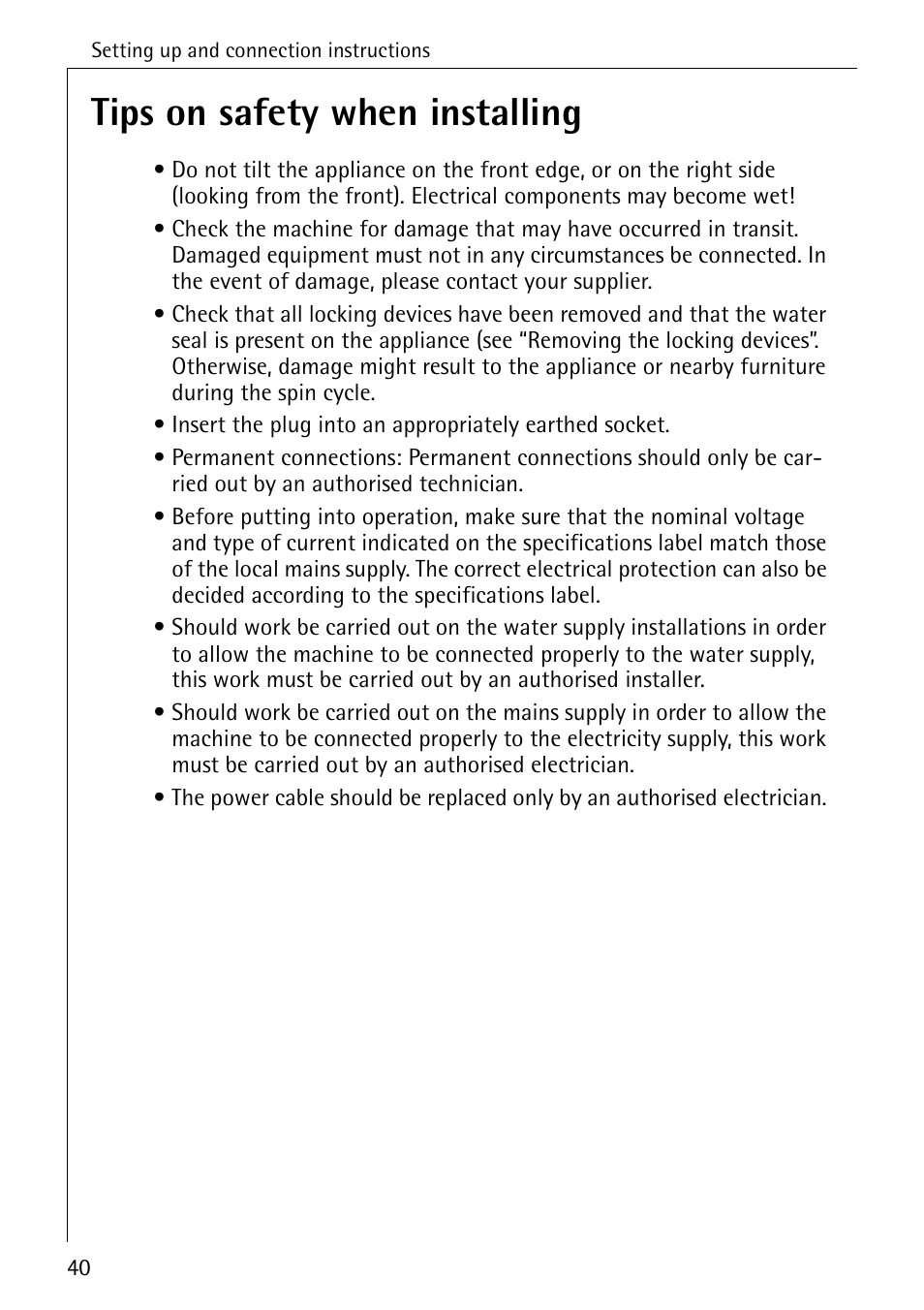 Tips on safety when installing | Electrolux LAVAMAT SOUPLESSE 14 User Manual | Page 40 / 56