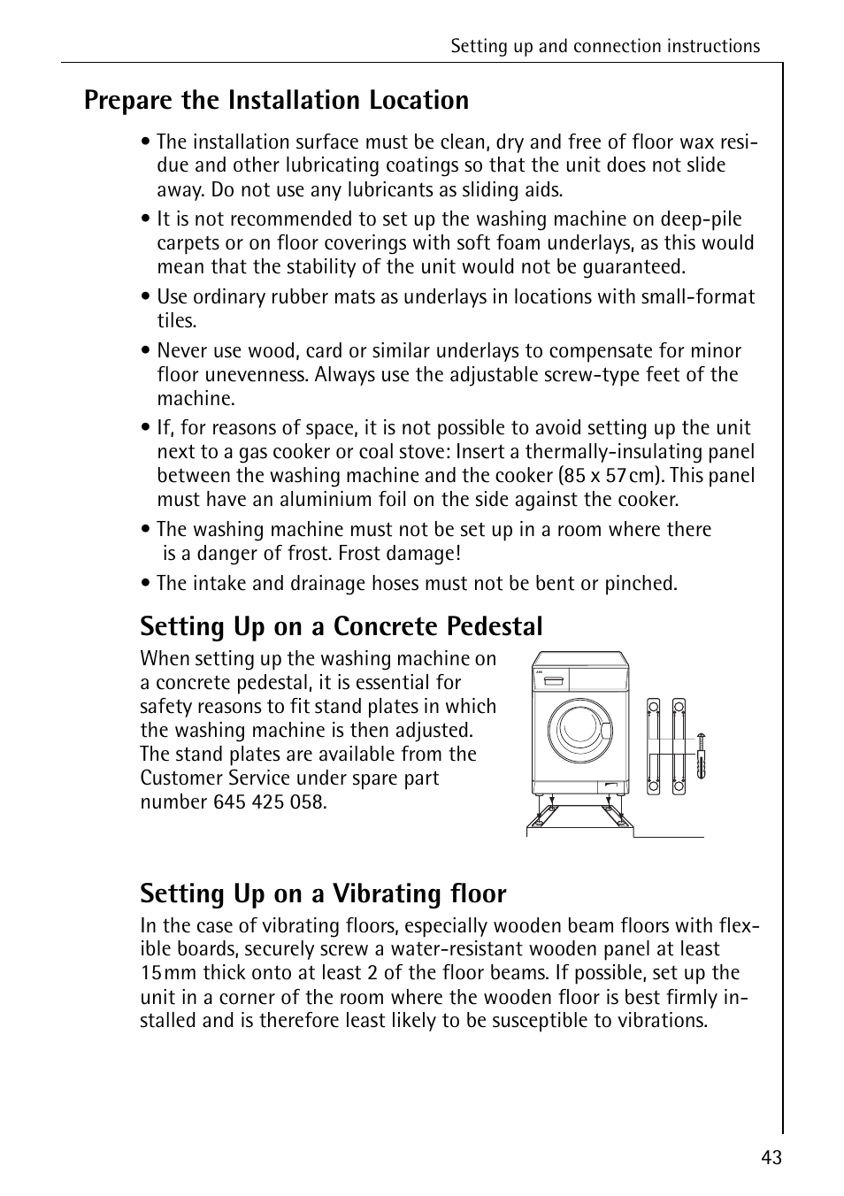 Prepare the installation location, Setting up on a concrete pedestal, Setting up on a vibrating floor | Electrolux LAVAMAT SOUPLESSE 14 User Manual | Page 43 / 56