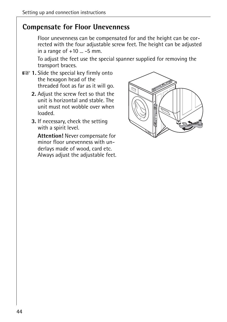 Compensate for floor unevenness | Electrolux LAVAMAT SOUPLESSE 14 User Manual | Page 44 / 56