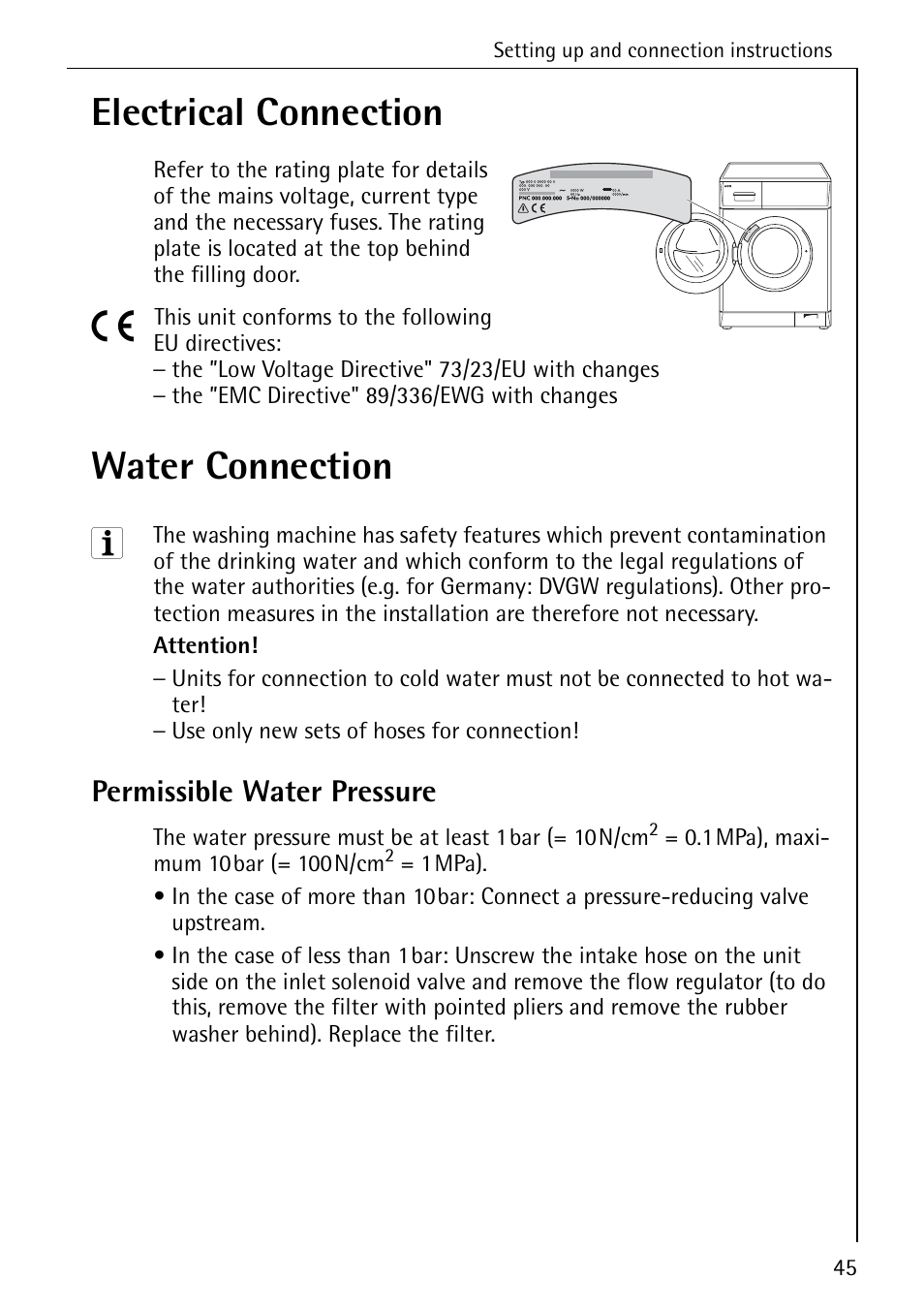 Electrical connection, Water connection, Permissible water pressure | Electrolux LAVAMAT SOUPLESSE 14 User Manual | Page 45 / 56