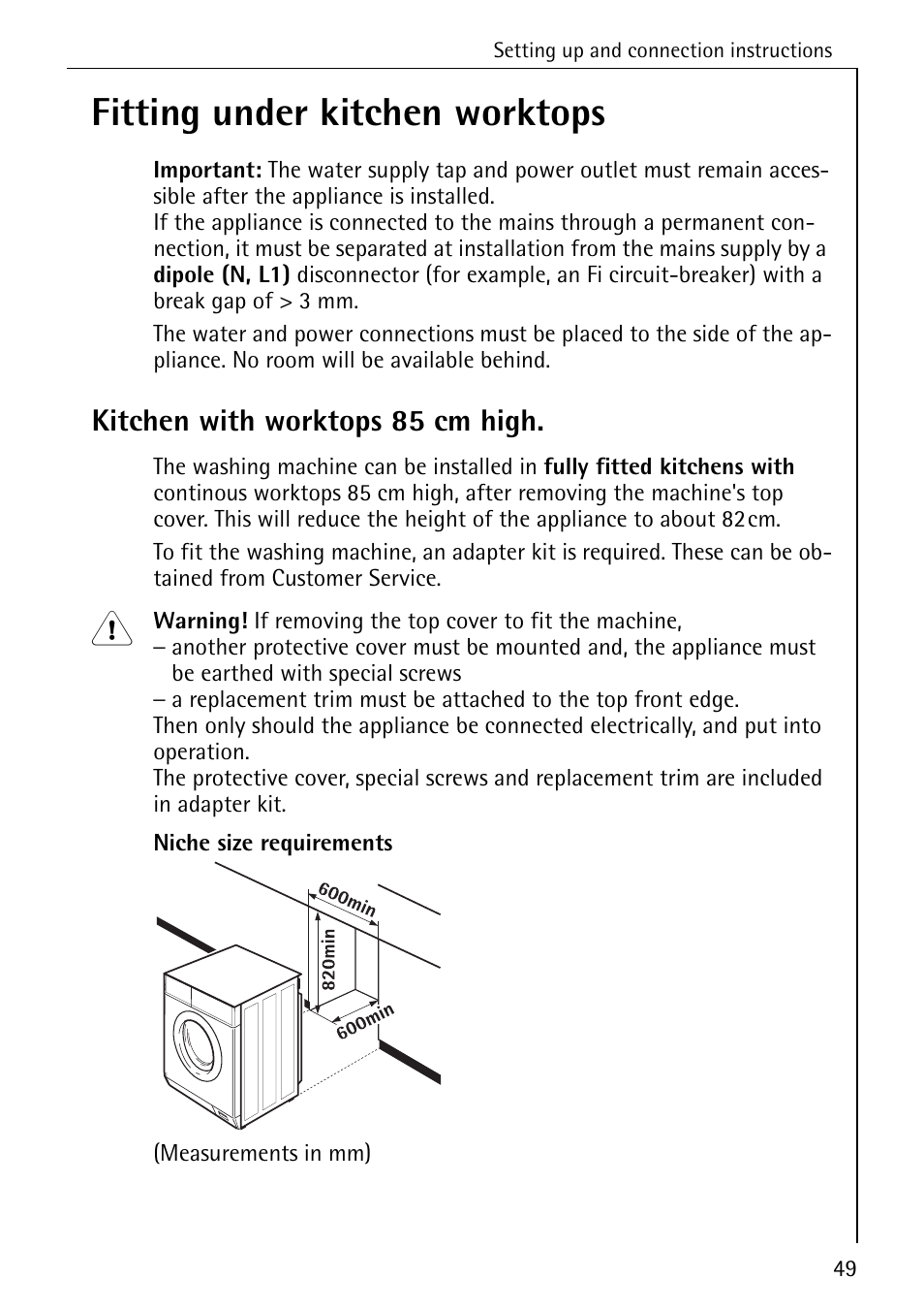 Fitting under kitchen worktops, Kitchen with worktops 85 cm high | Electrolux LAVAMAT SOUPLESSE 14 User Manual | Page 49 / 56